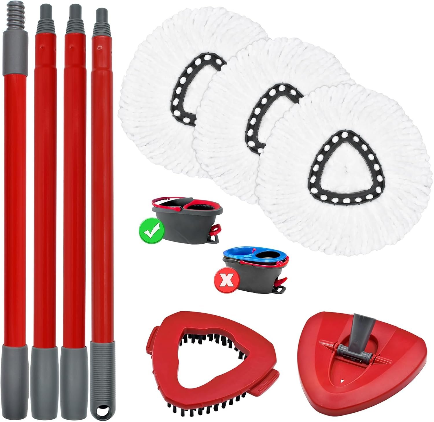 Mop Replacements Heads& Handle Scrub Brush and Mop Base Combo Set Compatible with Ocedar Spin Mop Refills,3 Microfiber Mop Head, 4-Section Iron Mop Stick 30-58in,1 Scrub Brushs and 1 Mop Base - Image 2