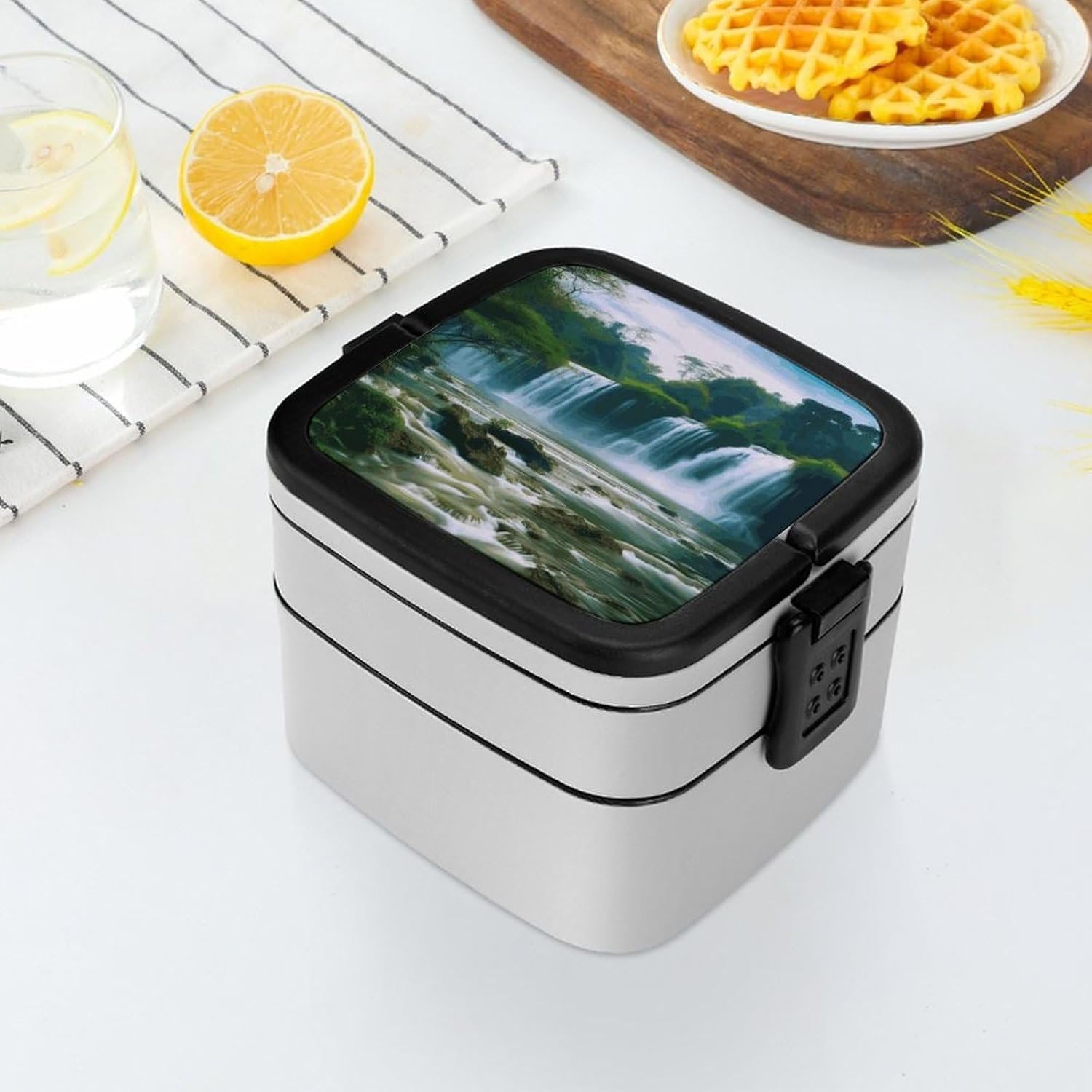 Waterfall Scenery Bento Box with Spoon, 2-layer Stackable Lunch Box Leak Proof with Invisible Handle, Insulated Food Storage for Office, Picnic & Travel - Image 7