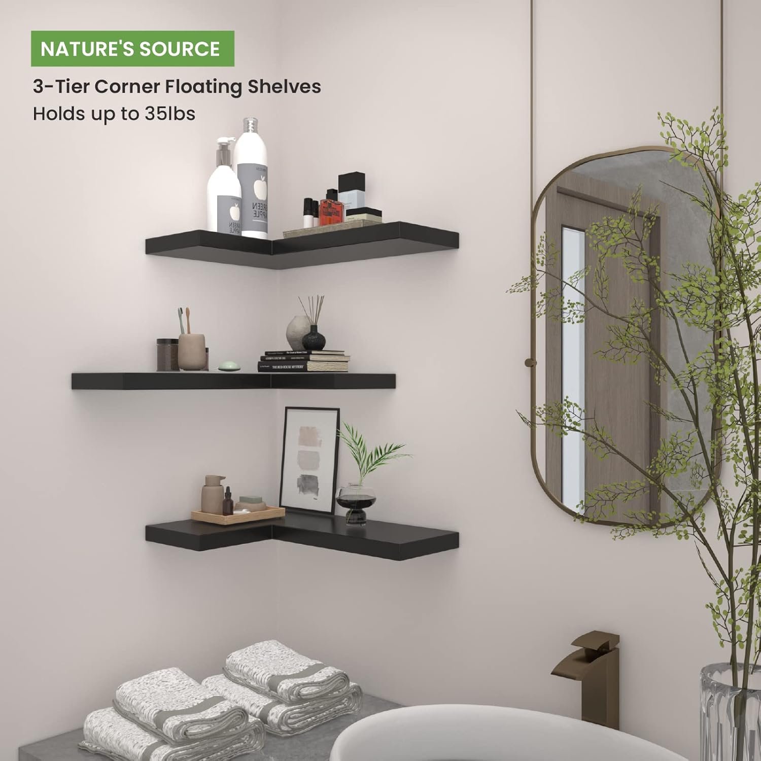 NATURE'S SOURCE Corner Floating Shelves with Invisible Brackets, Corner Shelves Wall Mounted Set of 3, Bedroom Bathroom Kitchen Living Room Office- Gothic Style 16.6" x 6" (Black) - Image 6