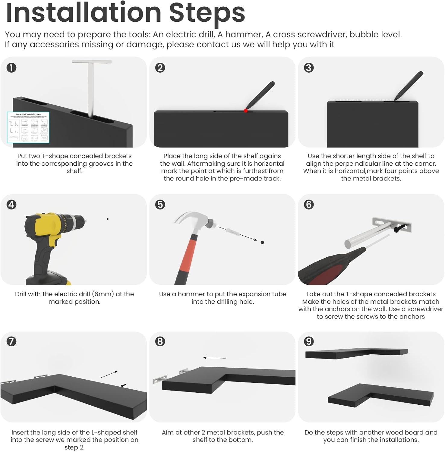 NATURE'S SOURCE Corner Floating Shelves with Invisible Brackets, Corner Shelves Wall Mounted Set of 3, Bedroom Bathroom Kitchen Living Room Office- Gothic Style 16.6" x 6" (Black) - Image 9