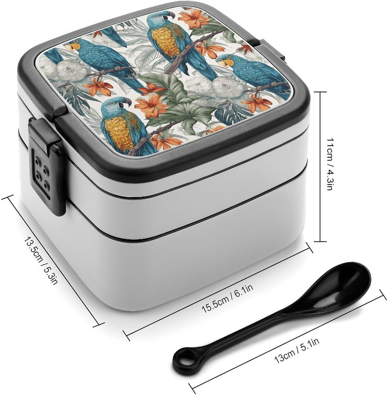 Parrots on Branches Bento Box with Spoon, 2-layer Stackable Lunch Box Leak Proof with Invisible Handle, Insulated Food Storage for Office, Picnic & Travel - Image 3
