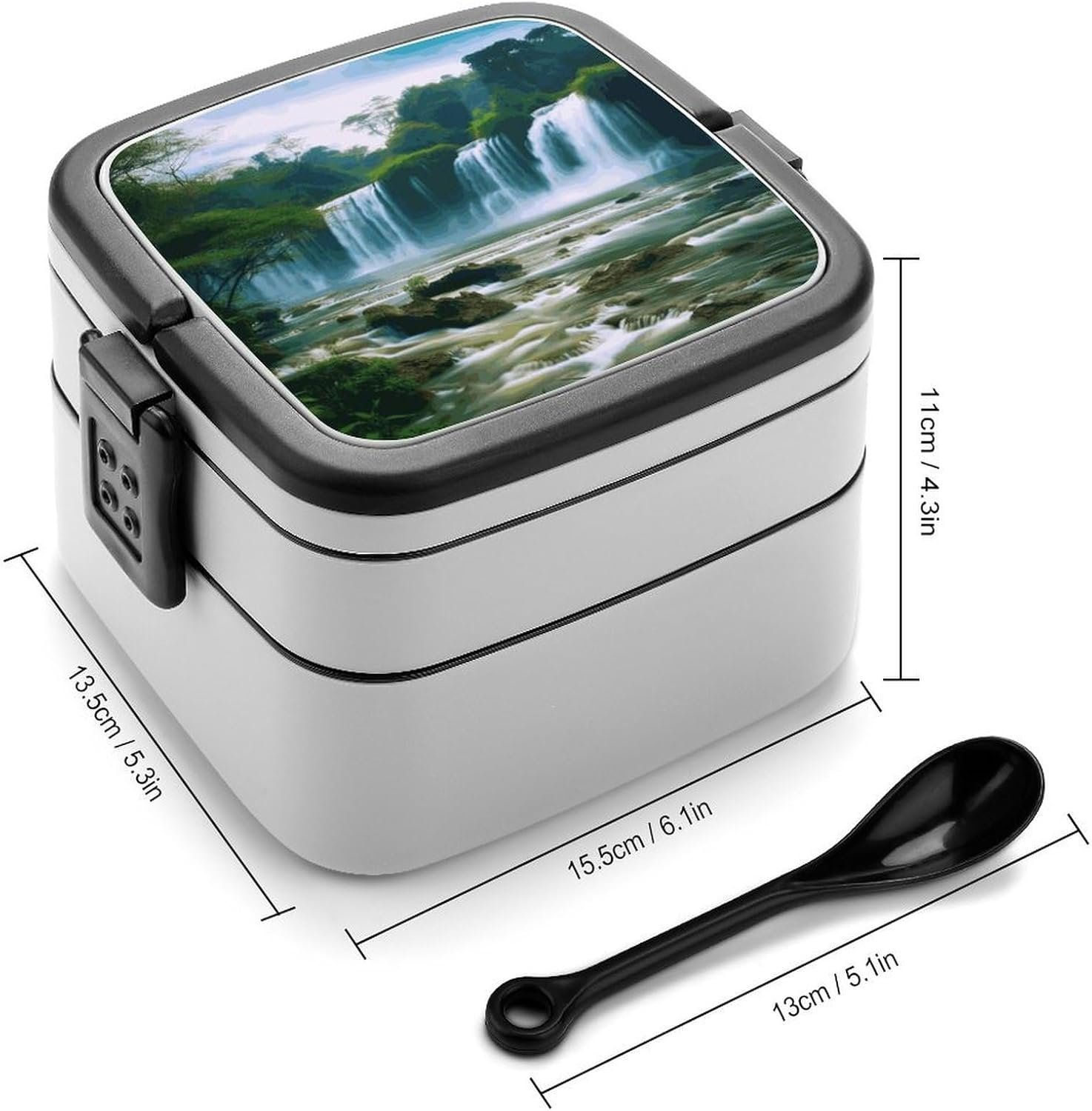 Waterfall Scenery Bento Box with Spoon, 2-layer Stackable Lunch Box Leak Proof with Invisible Handle, Insulated Food Storage for Office, Picnic & Travel - Image 3