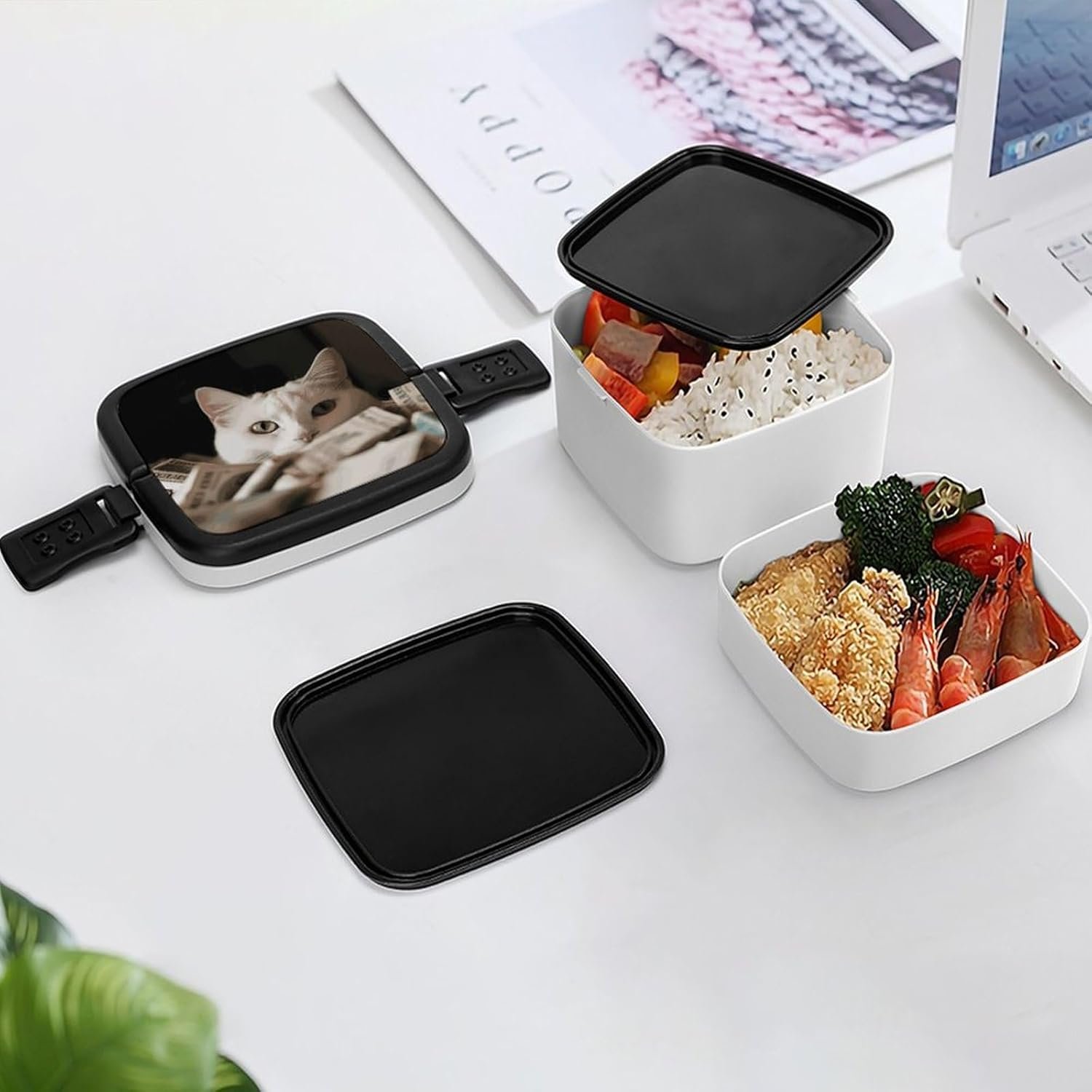 White Cat And Pile of Dollars Bento Box with Spoon, 2-layer Stackable Lunch Box Leak Proof with Invisible Handle, Insulated Food Storage for Office, Picnic & Travel - Image 8