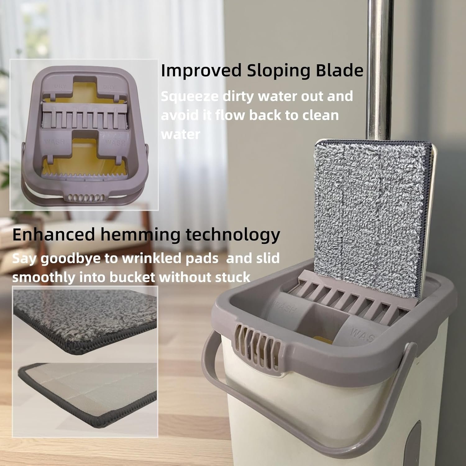 Flat Mop and Bucket with Wringer Set for Floor Cleaning, Separates Dirty and Clean Water, Wall Cleaner Mop, 4pcs Washable Microfiber Pads - Image 4