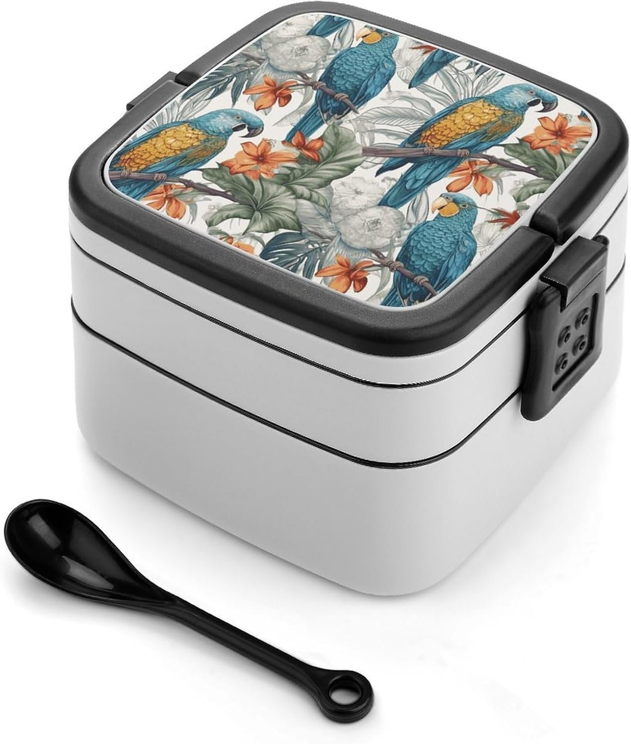 Parrots on Branches Bento Box with Spoon, 2-layer Stackable Lunch Box Leak Proof with Invisible Handle, Insulated Food Storage for Office, Picnic & Travel - Image 2