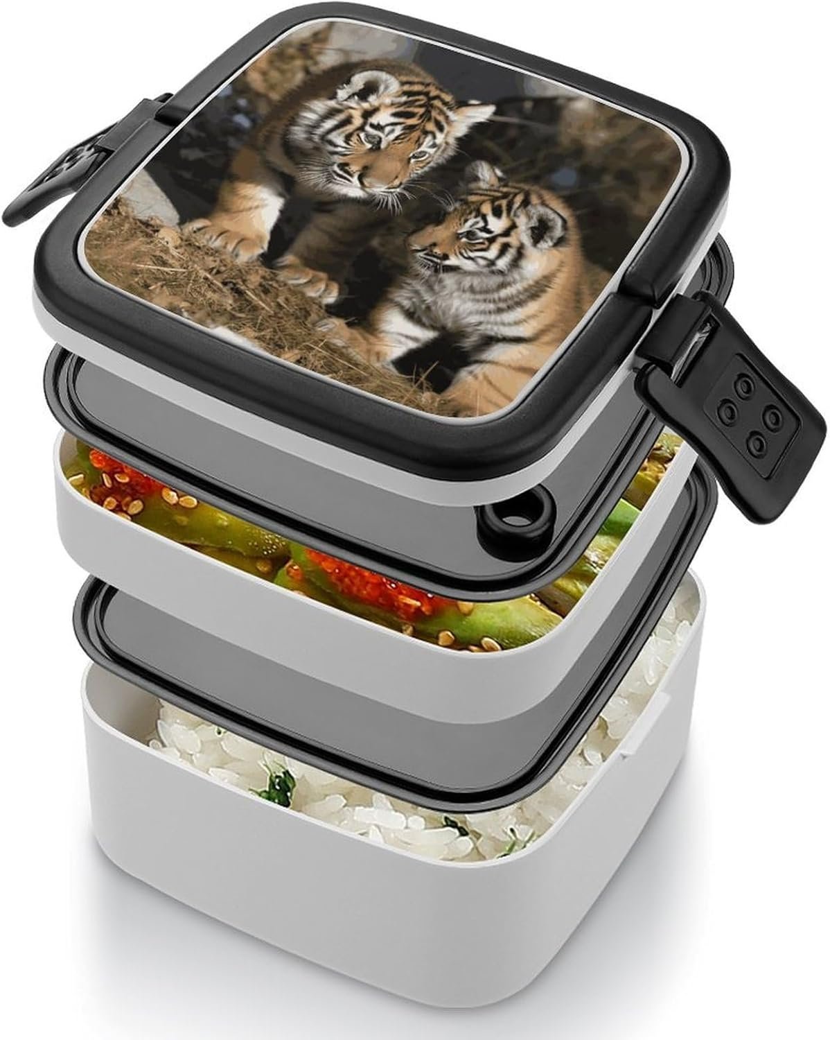 Siberian Tiger Bento Box with Spoon, 2-layer Stackable Lunch Box Leak Proof with Invisible Handle, Insulated Food Storage for Office, Picnic & Travel - Image 5