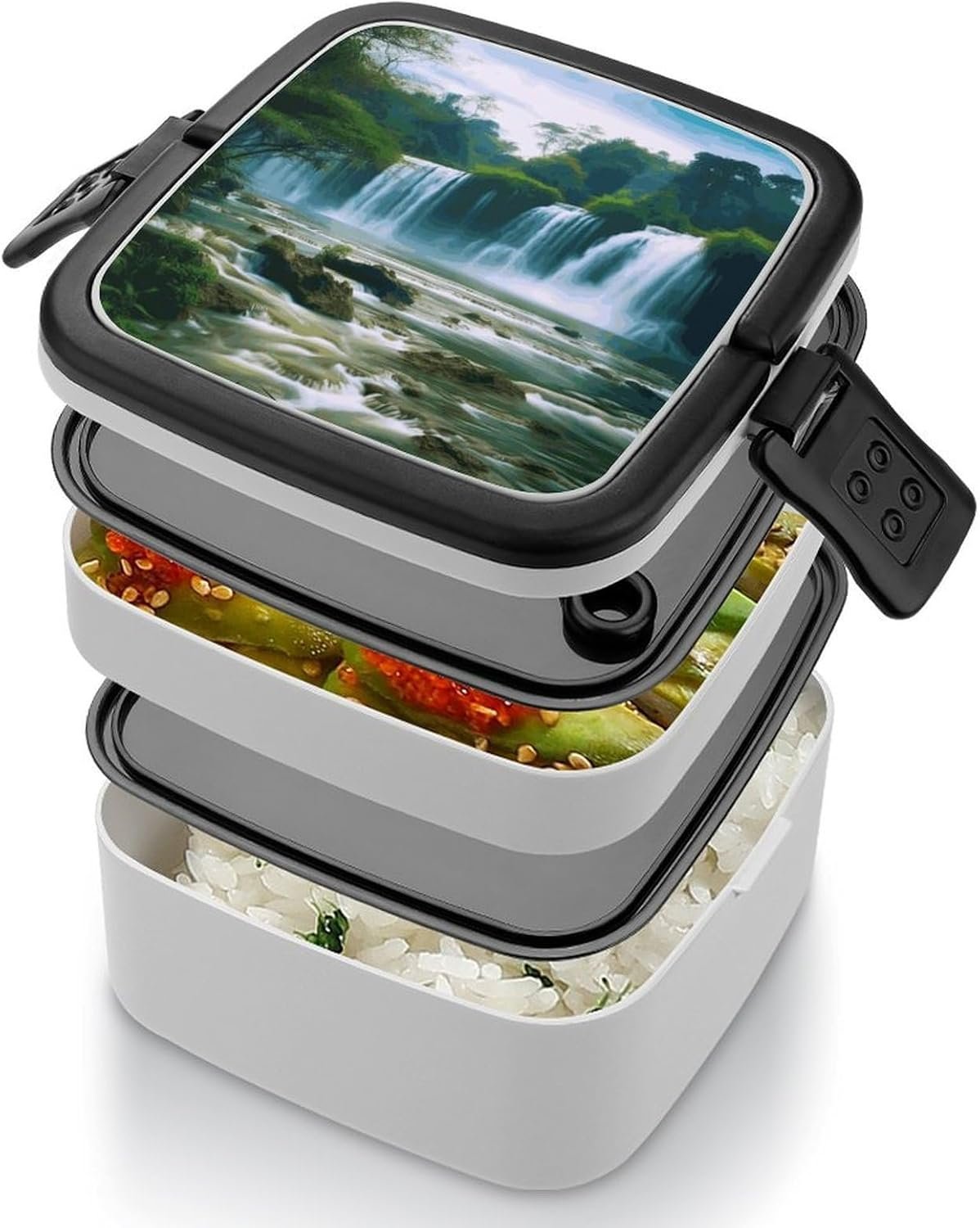 Waterfall Scenery Bento Box with Spoon, 2-layer Stackable Lunch Box Leak Proof with Invisible Handle, Insulated Food Storage for Office, Picnic & Travel - Image 5
