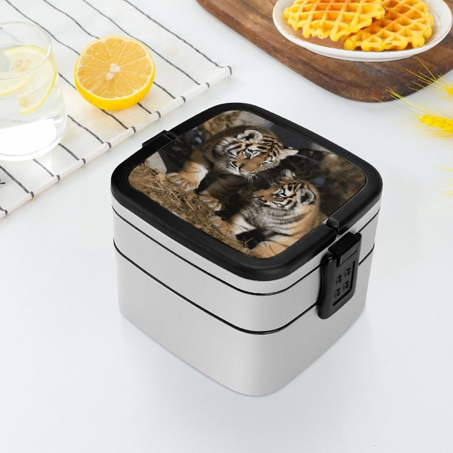 Siberian Tiger Bento Box with Spoon, 2-layer Stackable Lunch Box Leak Proof with Invisible Handle, Insulated Food Storage for Office, Picnic & Travel - Image 7
