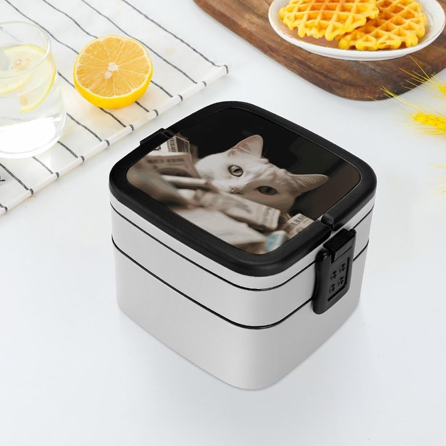 White Cat And Pile of Dollars Bento Box with Spoon, 2-layer Stackable Lunch Box Leak Proof with Invisible Handle, Insulated Food Storage for Office, Picnic & Travel - Image 7