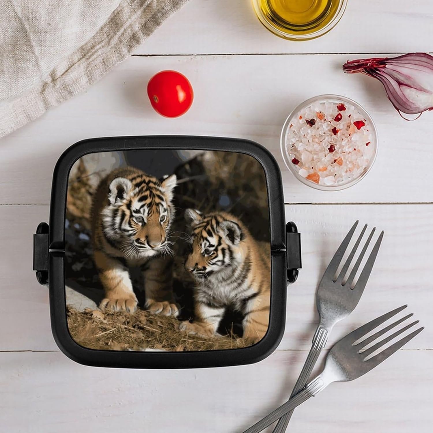Siberian Tiger Bento Box with Spoon, 2-layer Stackable Lunch Box Leak Proof with Invisible Handle, Insulated Food Storage for Office, Picnic & Travel - Image 9