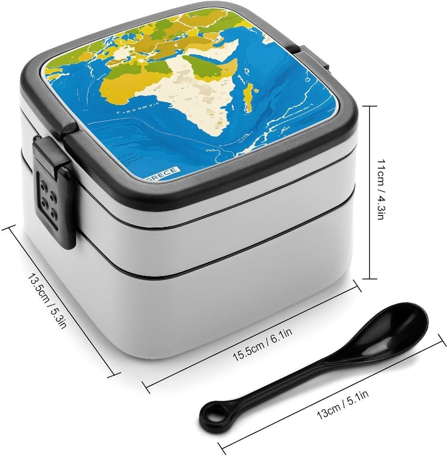 Greece Map Print Bento Box with Spoon, 2-layer Stackable Lunch Box Leak Proof with Invisible Handle, Insulated Food Storage for Office, Picnic & Travel - Image 3