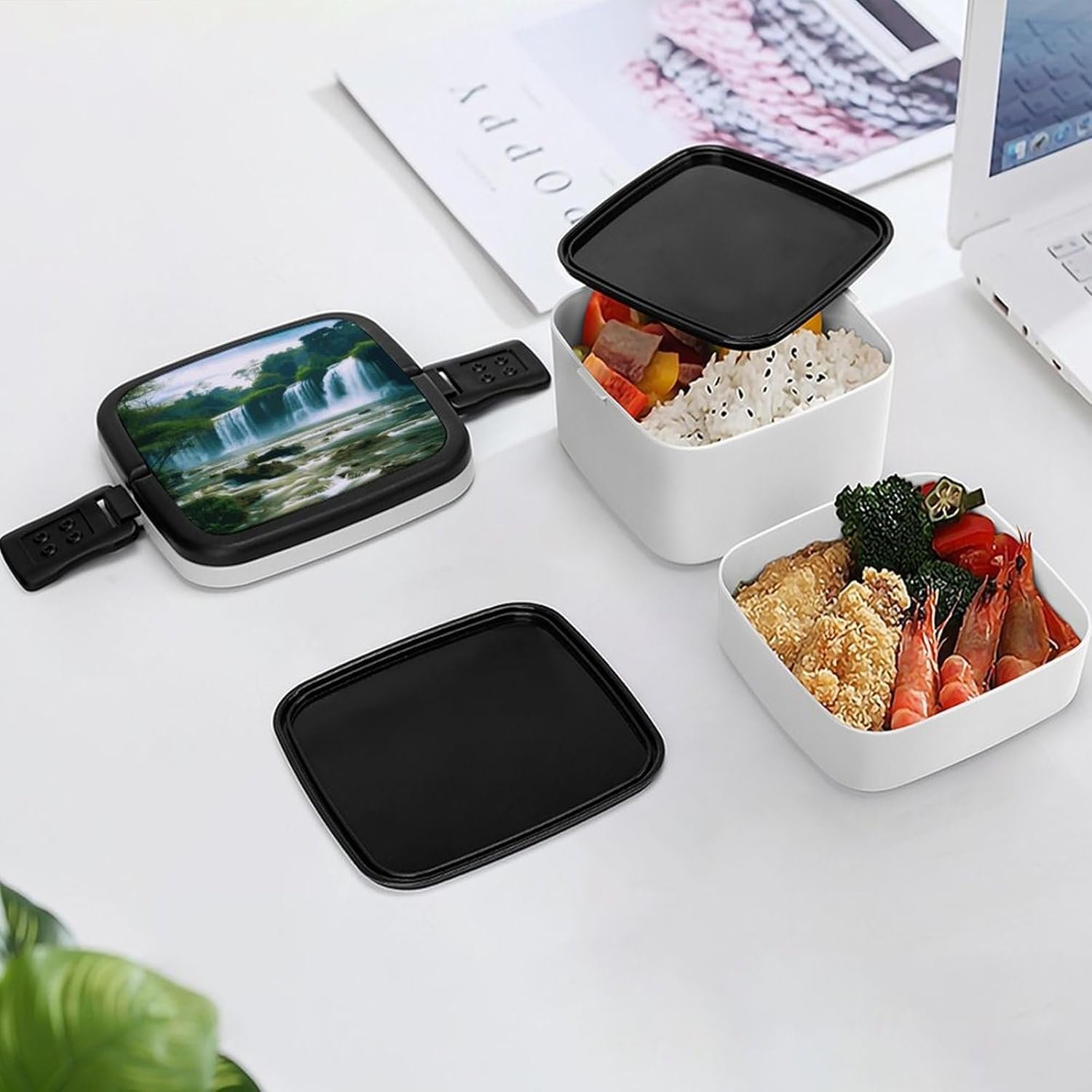 Waterfall Scenery Bento Box with Spoon, 2-layer Stackable Lunch Box Leak Proof with Invisible Handle, Insulated Food Storage for Office, Picnic & Travel - Image 8