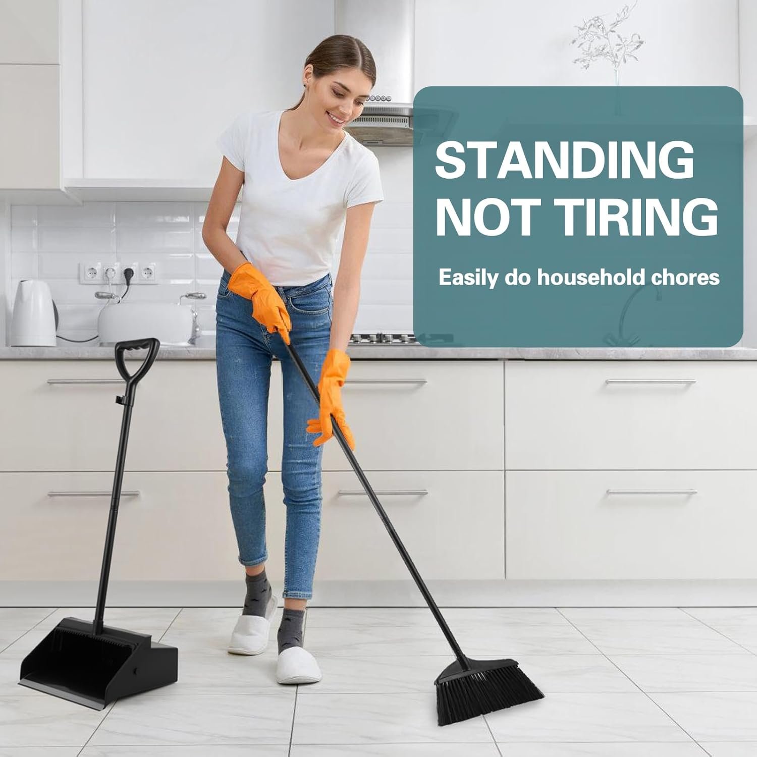 SB Broom with Dustpan Combo Set for Office, Indoor&Outdoor Sweeping,Broom and Dustpan Set,Large Size and Stiff Broom Dust pan with Long Handle,Stand Up Broom and Dustpan,Rectangular, Angular - Image 7