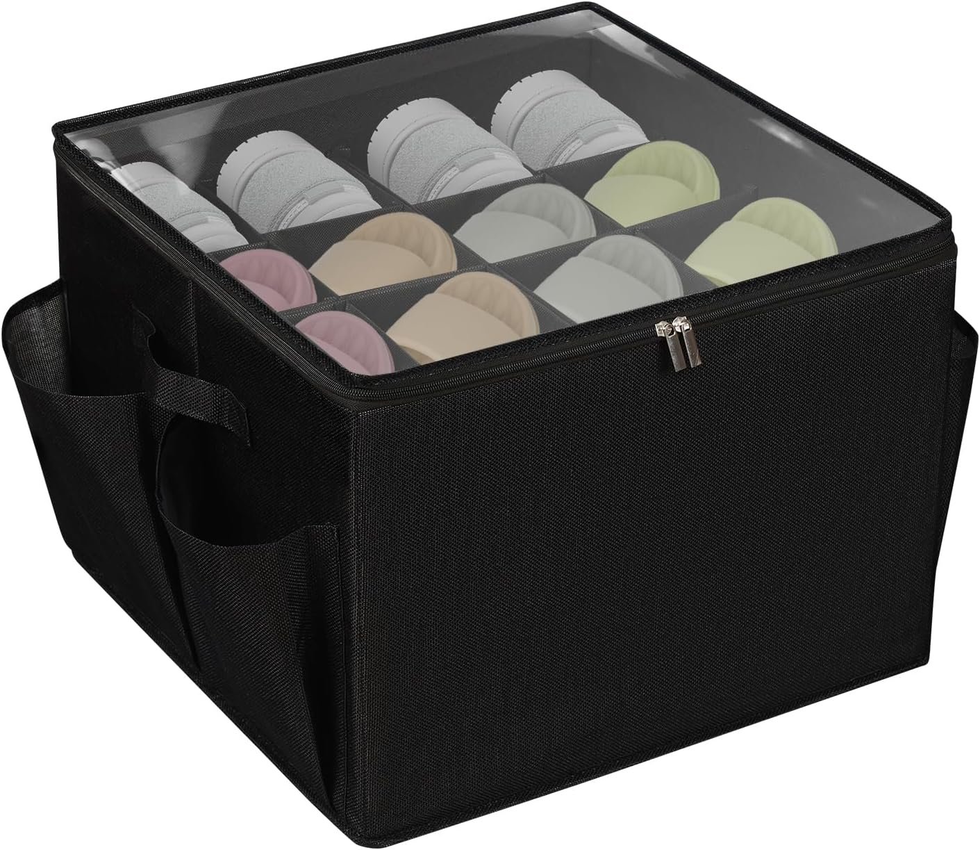 Shoe Organizer for Closet, Fits 16 Pairs, Large Shoe Box Storage Containers with Clear Lid, Foldable Adjustable Dividers for Shoe Storage, Space Saving Shoes Holder with Handles (Black) - Image 2