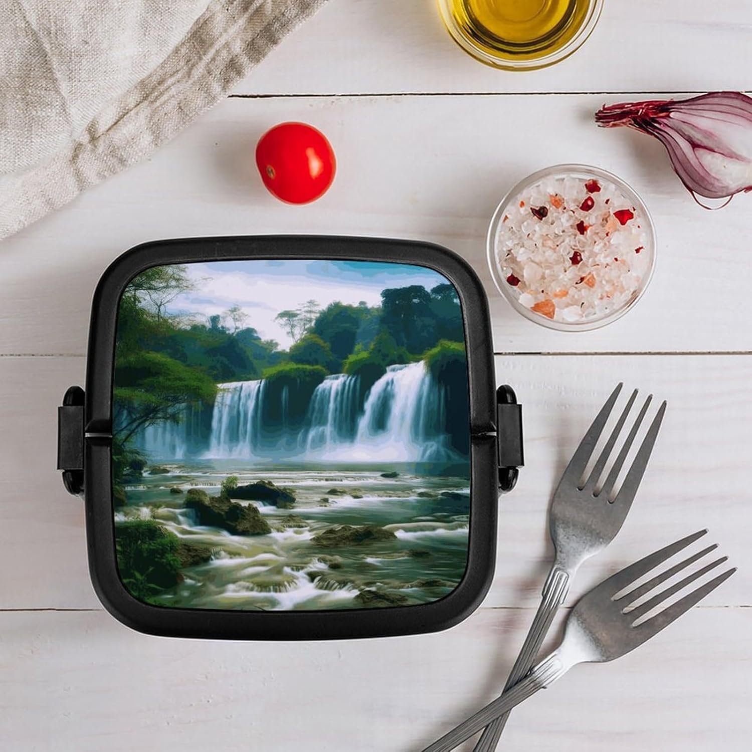 Waterfall Scenery Bento Box with Spoon, 2-layer Stackable Lunch Box Leak Proof with Invisible Handle, Insulated Food Storage for Office, Picnic & Travel - Image 9