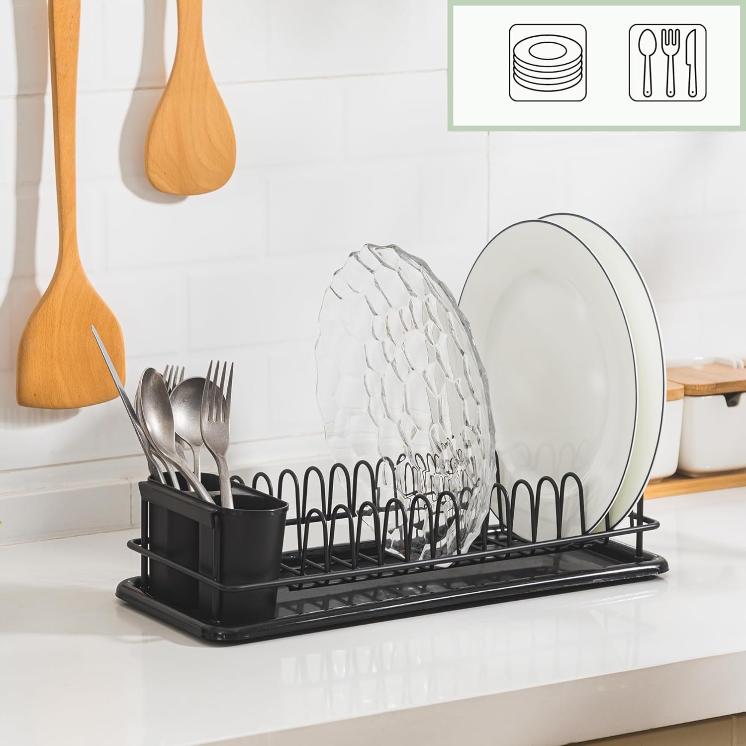 Dish Drying Rack Small, Space Saving Dish Rack for Kitchen Counter, Up to 12 Plates, Rustproof Dish Drainer with Removable Utensil Holder, 16" L x 6.7" W, Black - Image 8