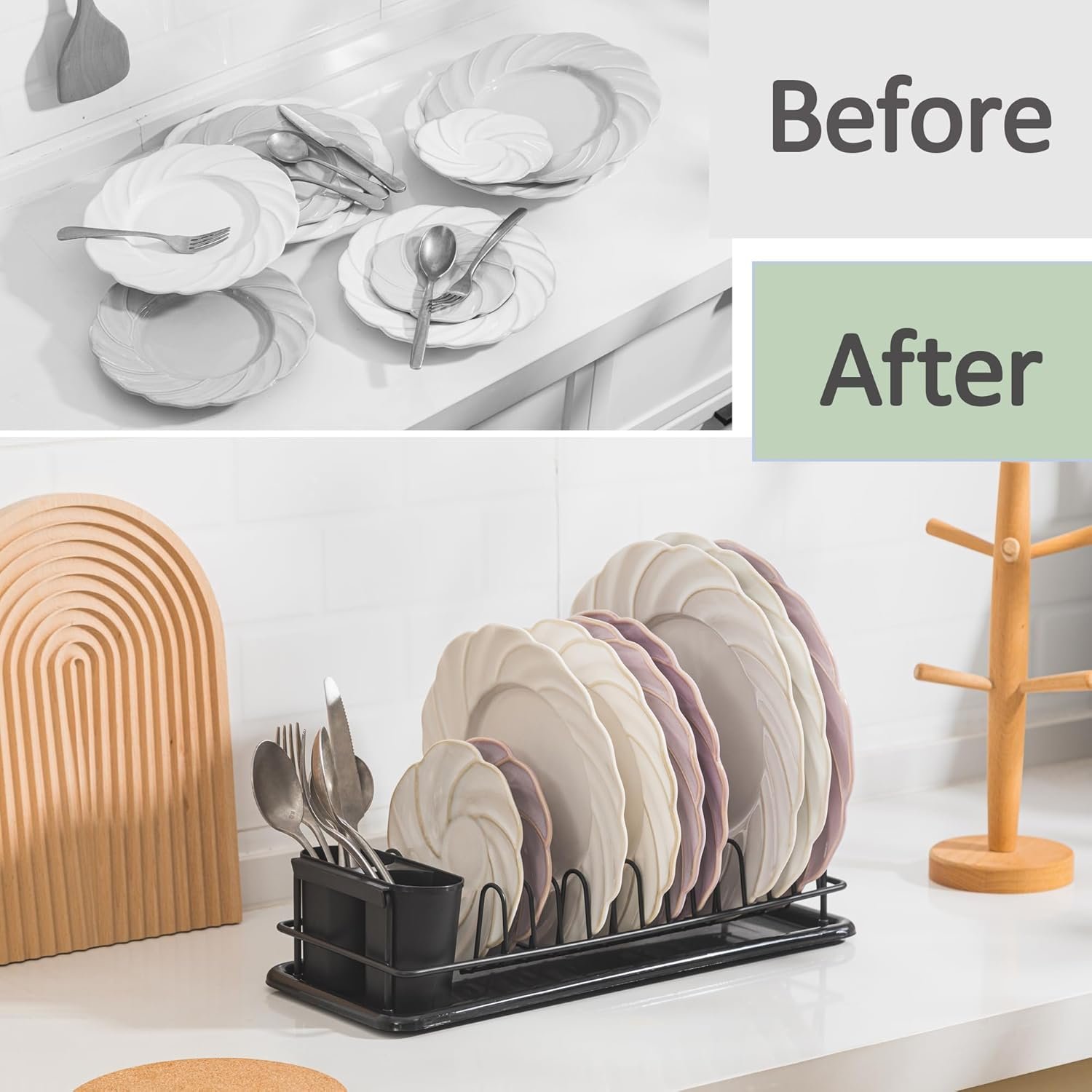 Dish Drying Rack Small, Space Saving Dish Rack for Kitchen Counter, Up to 12 Plates, Rustproof Dish Drainer with Removable Utensil Holder, 16" L x 6.7" W, Black - Image 4