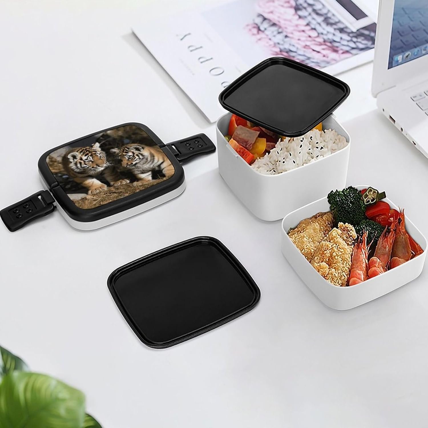 Siberian Tiger Bento Box with Spoon, 2-layer Stackable Lunch Box Leak Proof with Invisible Handle, Insulated Food Storage for Office, Picnic & Travel - Image 8