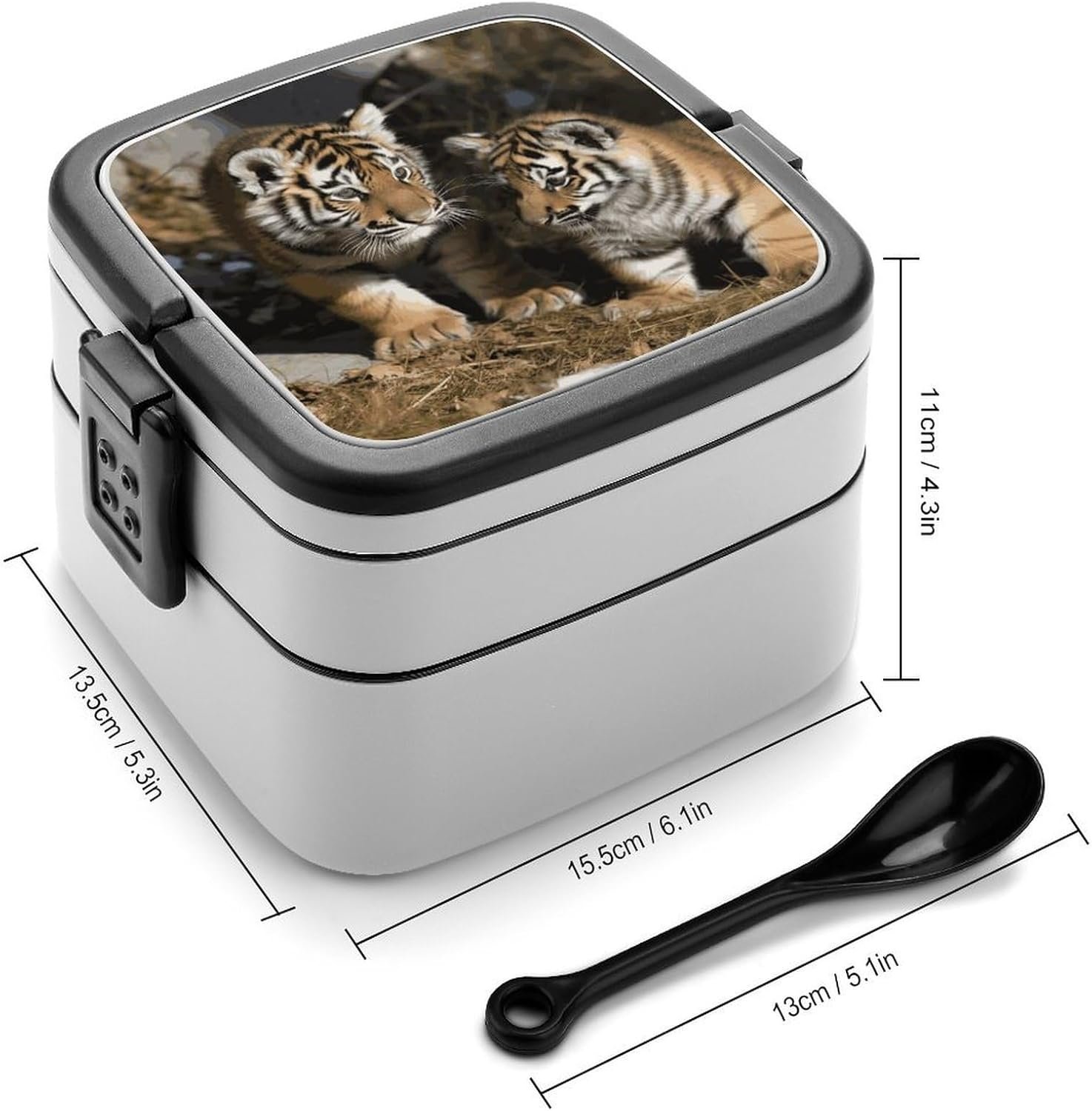 Siberian Tiger Bento Box with Spoon, 2-layer Stackable Lunch Box Leak Proof with Invisible Handle, Insulated Food Storage for Office, Picnic & Travel - Image 3