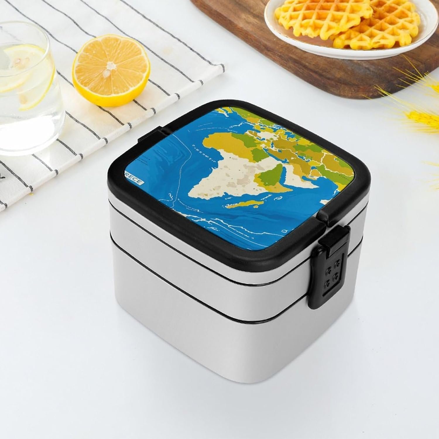 Greece Map Print Bento Box with Spoon, 2-layer Stackable Lunch Box Leak Proof with Invisible Handle, Insulated Food Storage for Office, Picnic & Travel - Image 7