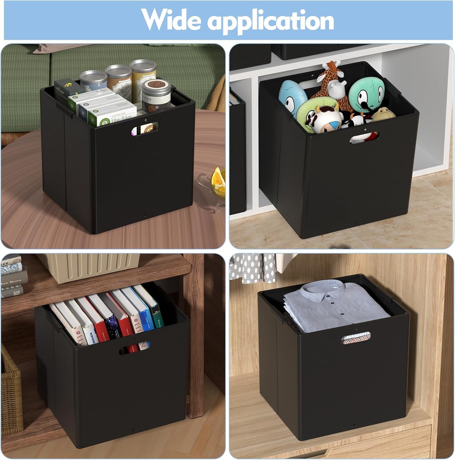 13 Inches Plastic Foldable Cube Bins, Black Plastic Collapsible Storage Cubes, 4 Packs - Image 8