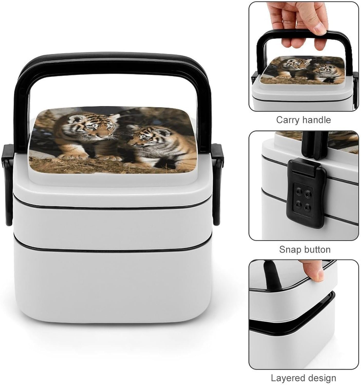 Siberian Tiger Bento Box with Spoon, 2-layer Stackable Lunch Box Leak Proof with Invisible Handle, Insulated Food Storage for Office, Picnic & Travel - Image 6