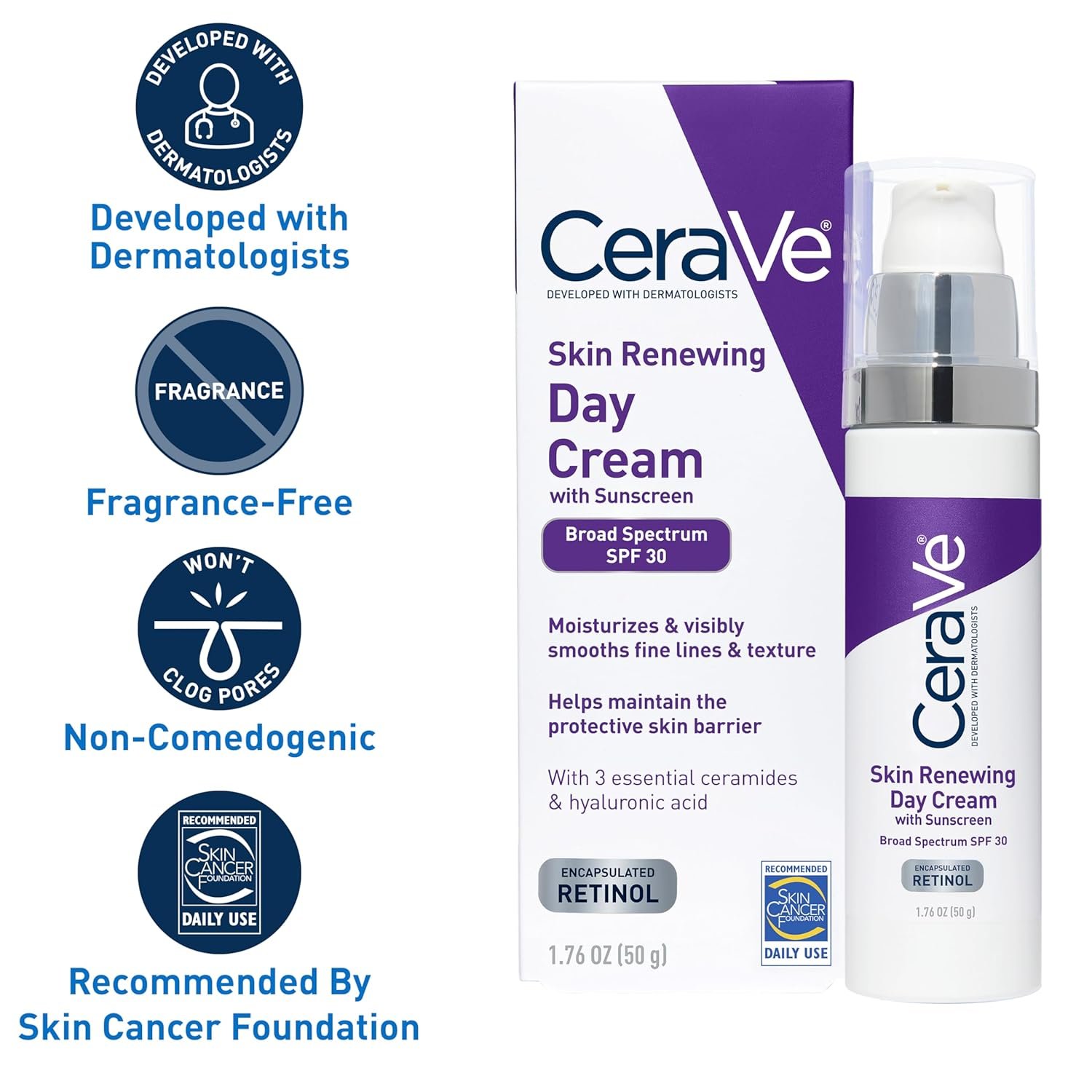 CeraVe Anti-Aging Face Cream SPF 30, Anti-Wrinkle Retinol Cream with Hyaluronic Acid and Ceramides, 1.76 oz - Image 5