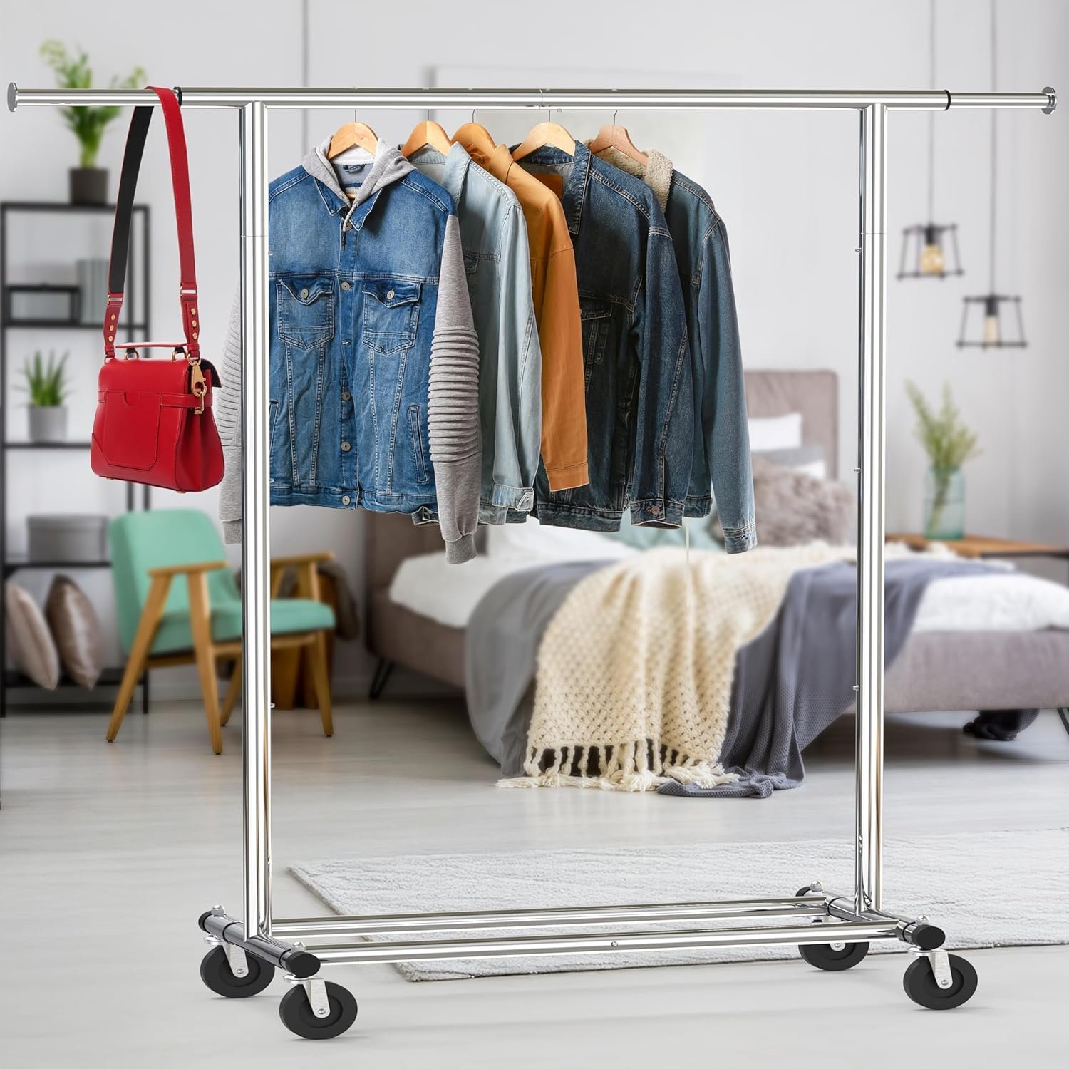 SIMPLE HOUSEWARE Heavy Duty Clothing Garment Rack, Holds Up to 150 lbs, 42 to 67 Inches Extensible Rod, Chrome - Image 4