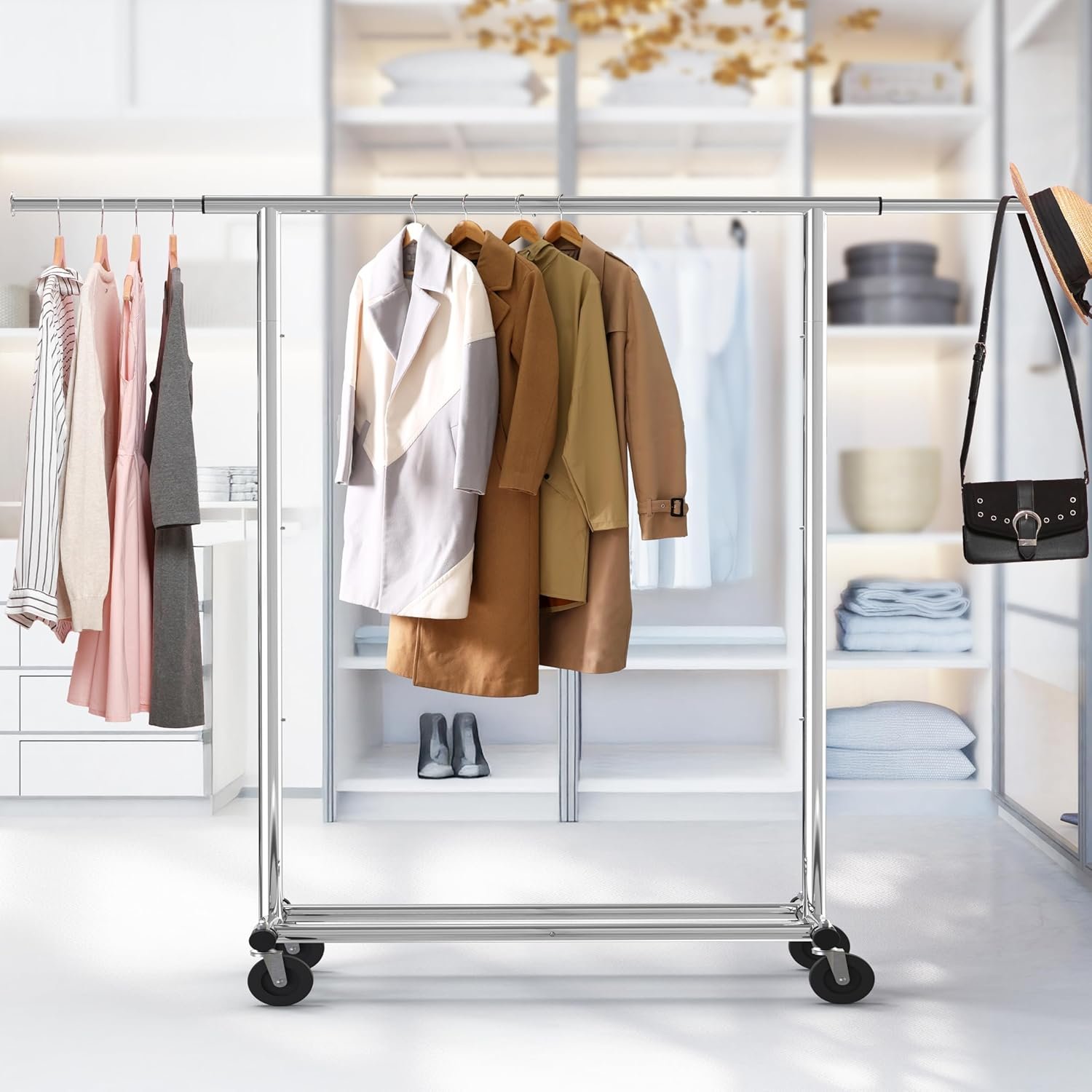 SIMPLE HOUSEWARE Heavy Duty Clothing Garment Rack, Holds Up to 150 lbs, 42 to 67 Inches Extensible Rod, Chrome - Image 5