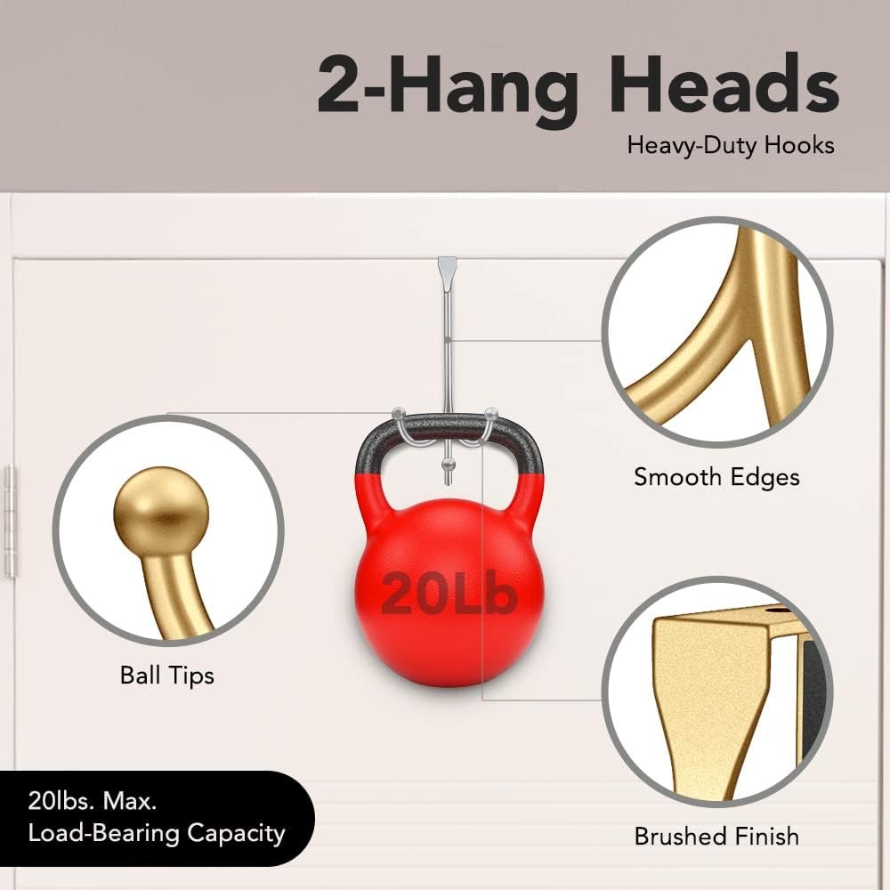 2-Pack Over The Door Hooks - with 2 Hang Heads & Snug Fit Pads Heavy Duty Hook for Hanging Coats, Towels, Caps & Robes - Elegant Matt Finish - No Drill Hanger Organizer - Gold - Image 5