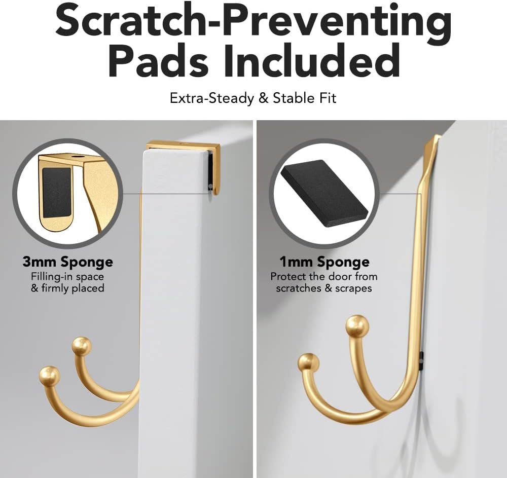 2-Pack Over The Door Hooks - with 2 Hang Heads & Snug Fit Pads Heavy Duty Hook for Hanging Coats, Towels, Caps & Robes - Elegant Matt Finish - No Drill Hanger Organizer - Gold - Image 7