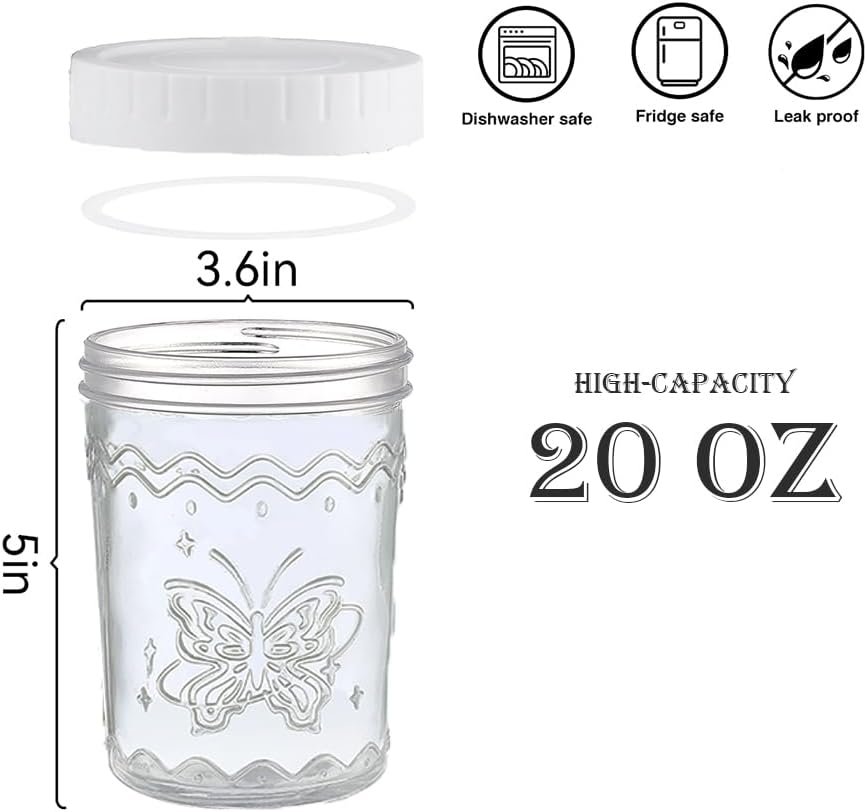4-Pack 20oz Glass Jars with Lids, Wide Mouth Glass Salad jars, BPA free Mason jars with Airtight Lids, Food Storage Containers for Snacks, Yogurt, Fridge, Meal Prep, Salsd, Jar Déco(White) - Image 3
