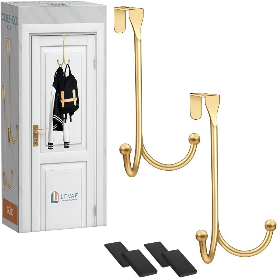 2-Pack Over The Door Hooks - with 2 Hang Heads & Snug Fit Pads Heavy Duty Hook for Hanging Coats, Towels, Caps & Robes - Elegant Matt Finish - No Drill Hanger Organizer - Gold - Image 2