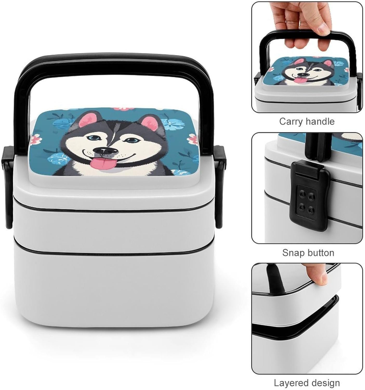 Husky Dog Pattern Bento Box with Spoon, 2-layer Stackable Lunch Box Leak Proof with Invisible Handle, Insulated Food Storage for Office, Picnic & Travel - Image 6