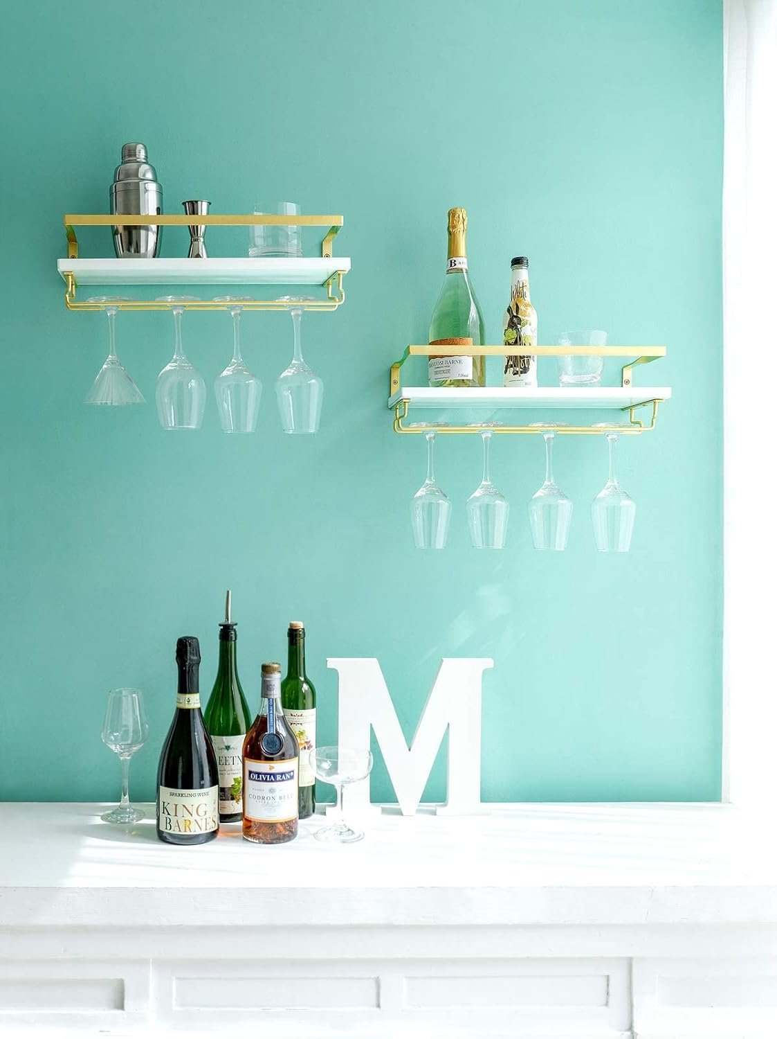 Mkono Wall Mounted Wine Rack Set of 2 White Wood Wine Bottle Glass Holder Floating Shelves with Stemware Hanger Modern Plants Photos Wine Display Storage Holder for Kitchen Dining Room Bar, 17 Inch - Image 4