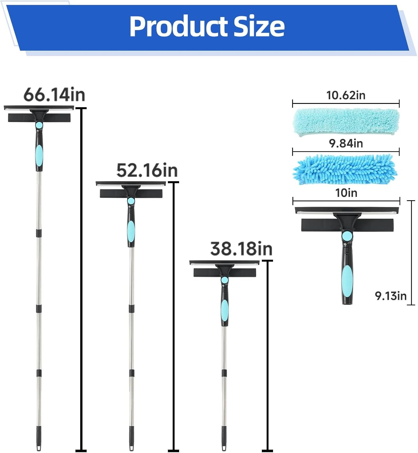 65'' Window Washing Kit with Extension Pole, 2-in-1 Window Cleaning Kit with Scrubber and Rotating Head, Window Cleaner Tool for Shower Rooms, Glass, Floors, Tiles, Walls, Car Windshields - Image 4