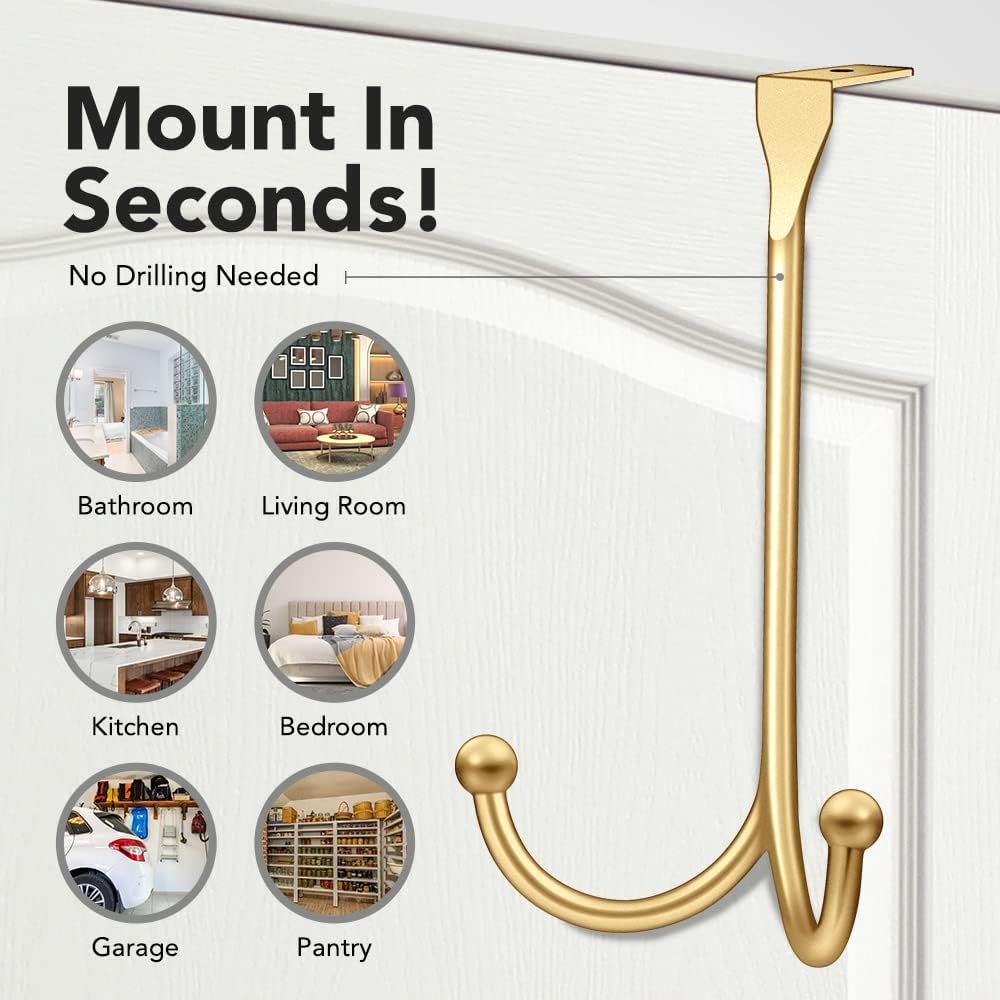2-Pack Over The Door Hooks - with 2 Hang Heads & Snug Fit Pads Heavy Duty Hook for Hanging Coats, Towels, Caps & Robes - Elegant Matt Finish - No Drill Hanger Organizer - Gold - Image 4