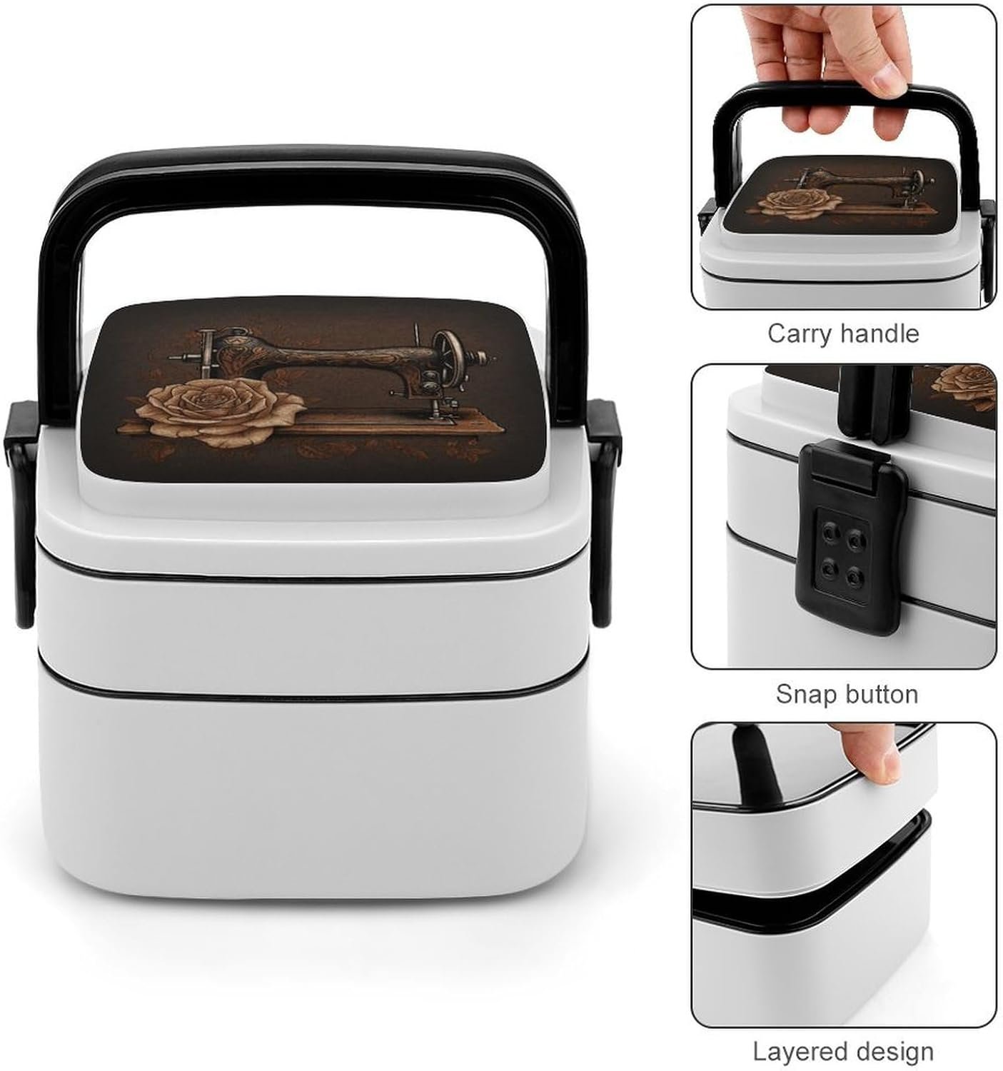 Rose And Sewing Machine Bento Box with Spoon, 2-layer Stackable Lunch Box Leak Proof with Invisible Handle, Insulated Food Storage for Office, Picnic & Travel - Image 6