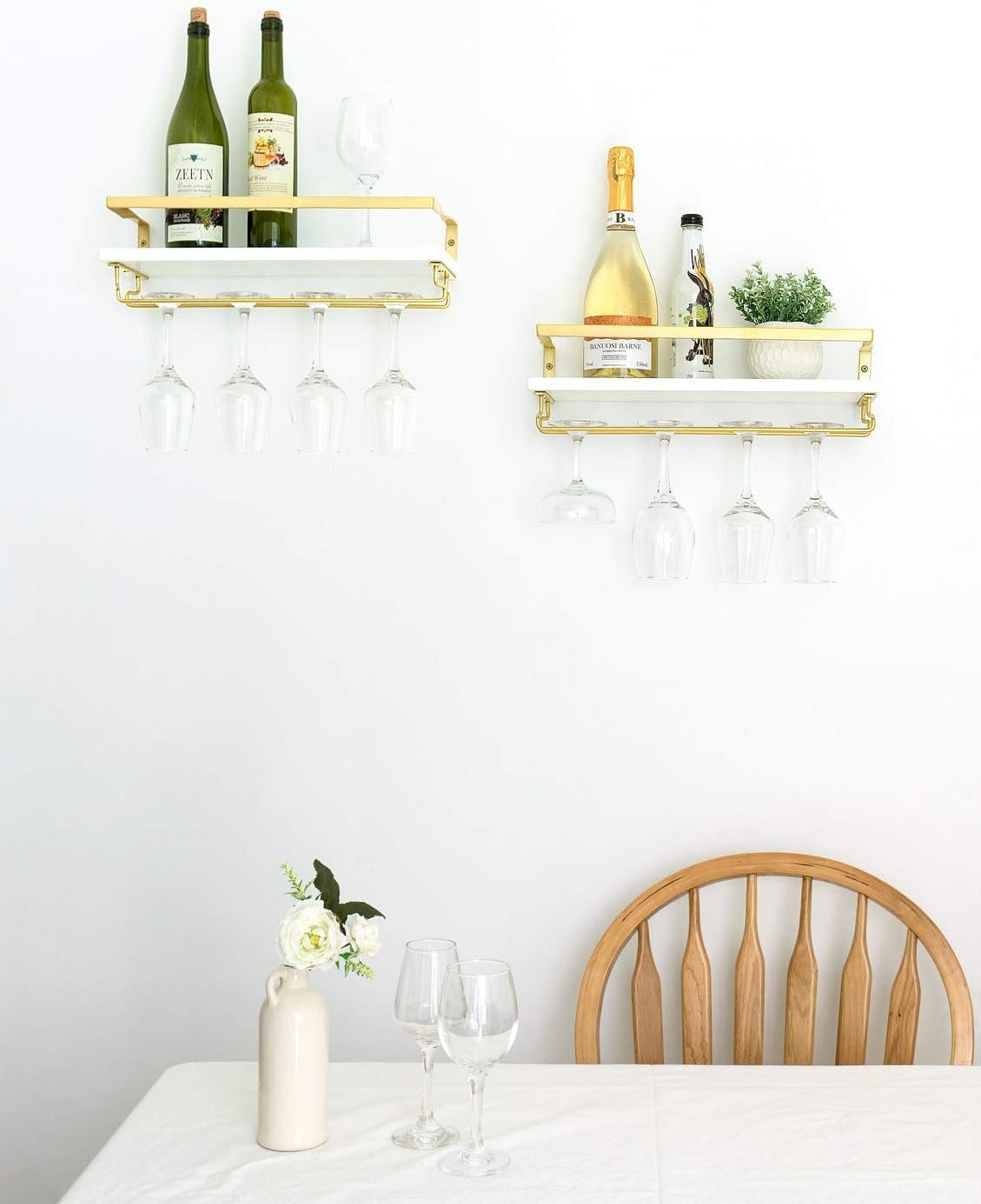 Mkono Wall Mounted Wine Rack Set of 2 White Wood Wine Bottle Glass Holder Floating Shelves with Stemware Hanger Modern Plants Photos Wine Display Storage Holder for Kitchen Dining Room Bar, 17 Inch - Image 5