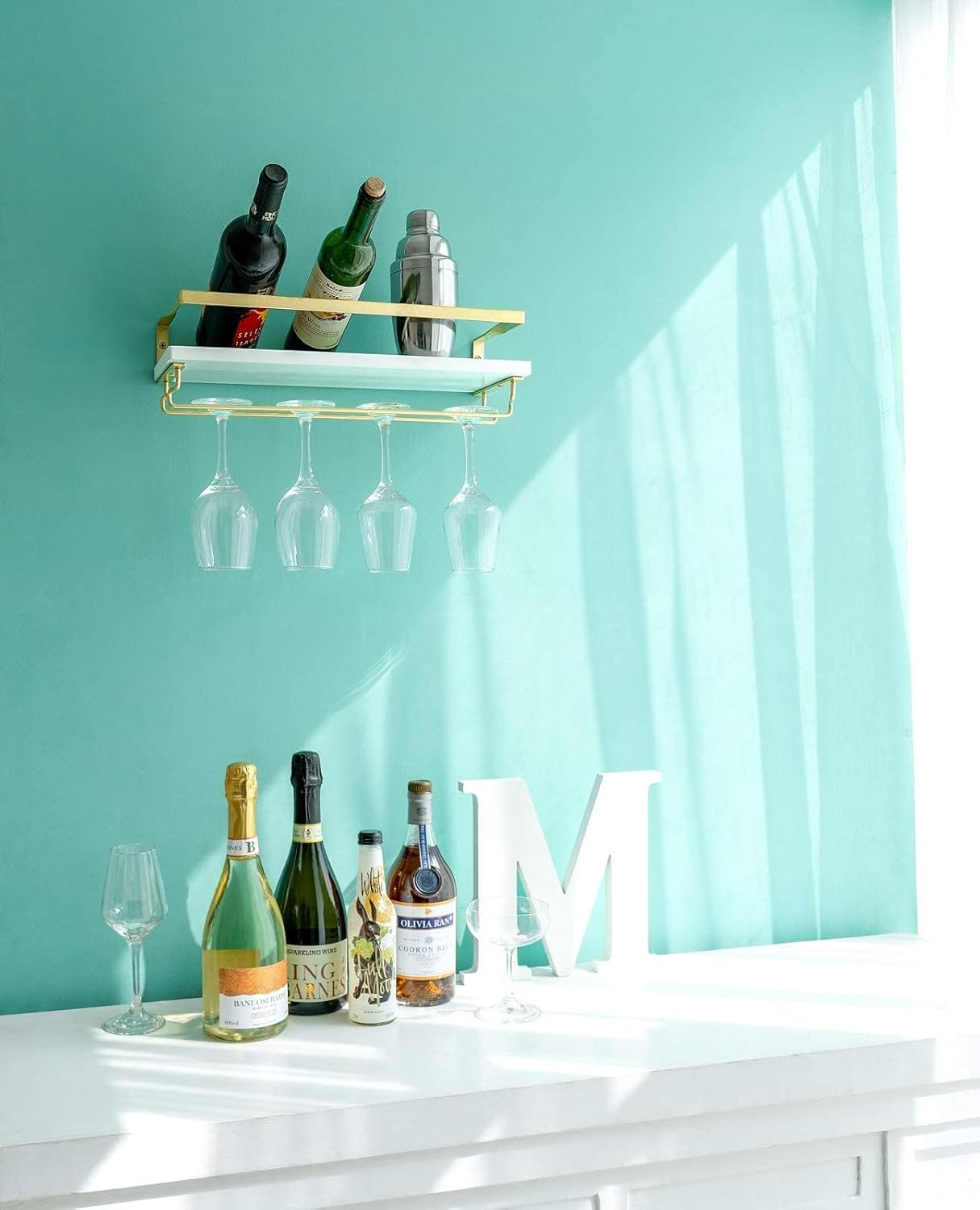 Mkono Wall Mounted Wine Rack Set of 2 White Wood Wine Bottle Glass Holder Floating Shelves with Stemware Hanger Modern Plants Photos Wine Display Storage Holder for Kitchen Dining Room Bar, 17 Inch - Image 3