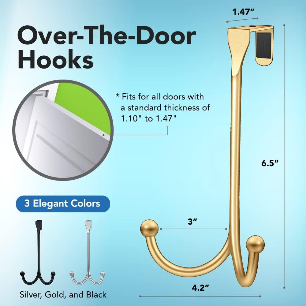 2-Pack Over The Door Hooks - with 2 Hang Heads & Snug Fit Pads Heavy Duty Hook for Hanging Coats, Towels, Caps & Robes - Elegant Matt Finish - No Drill Hanger Organizer - Gold - Image 3