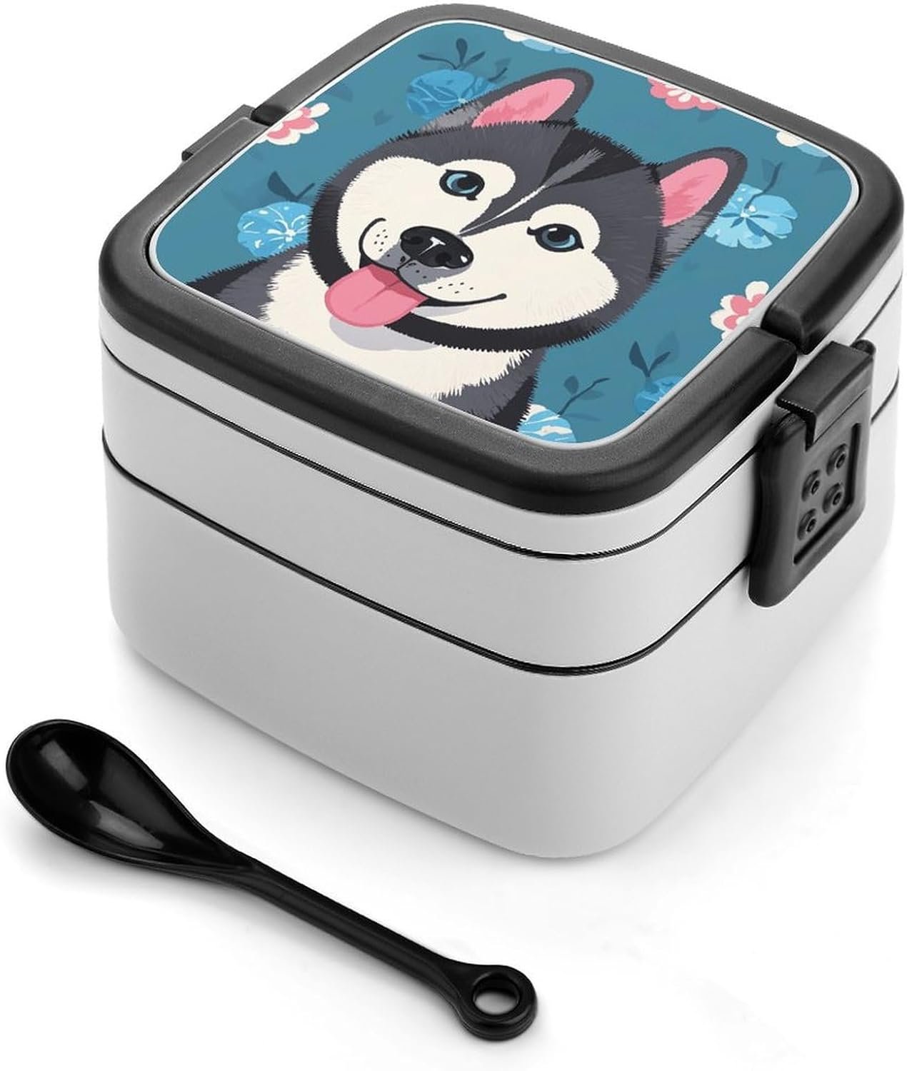 Husky Dog Pattern Bento Box with Spoon, 2-layer Stackable Lunch Box Leak Proof with Invisible Handle, Insulated Food Storage for Office, Picnic & Travel - Image 2
