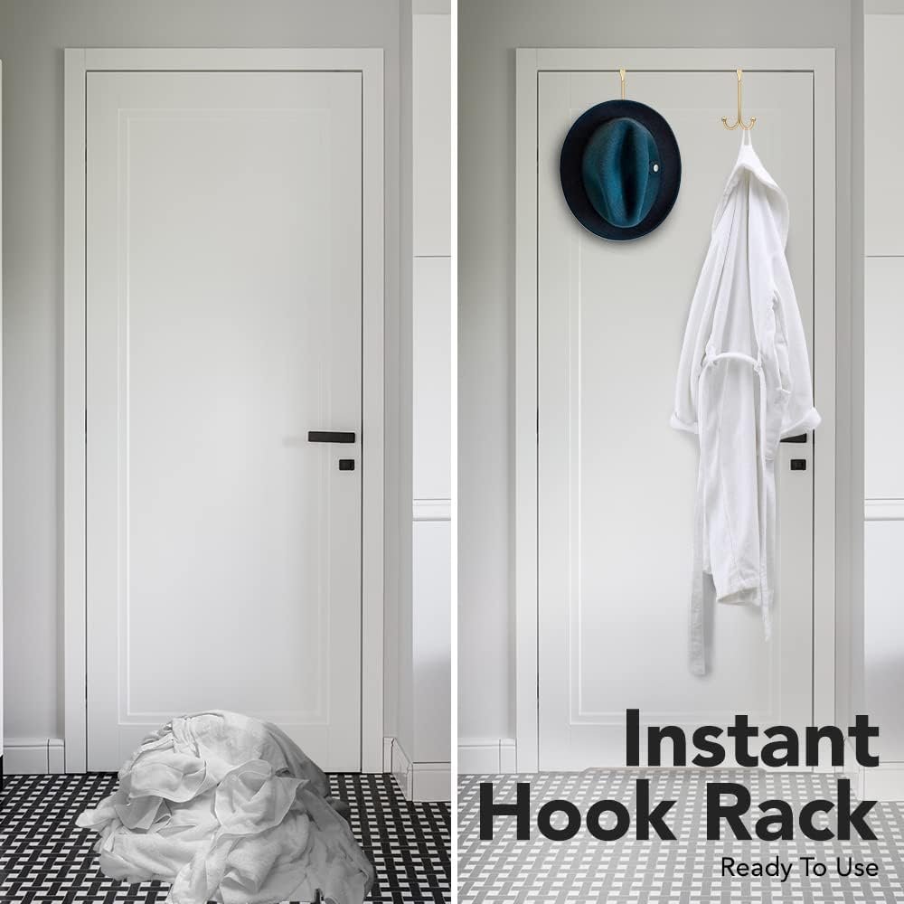 2-Pack Over The Door Hooks - with 2 Hang Heads & Snug Fit Pads Heavy Duty Hook for Hanging Coats, Towels, Caps & Robes - Elegant Matt Finish - No Drill Hanger Organizer - Gold - Image 8