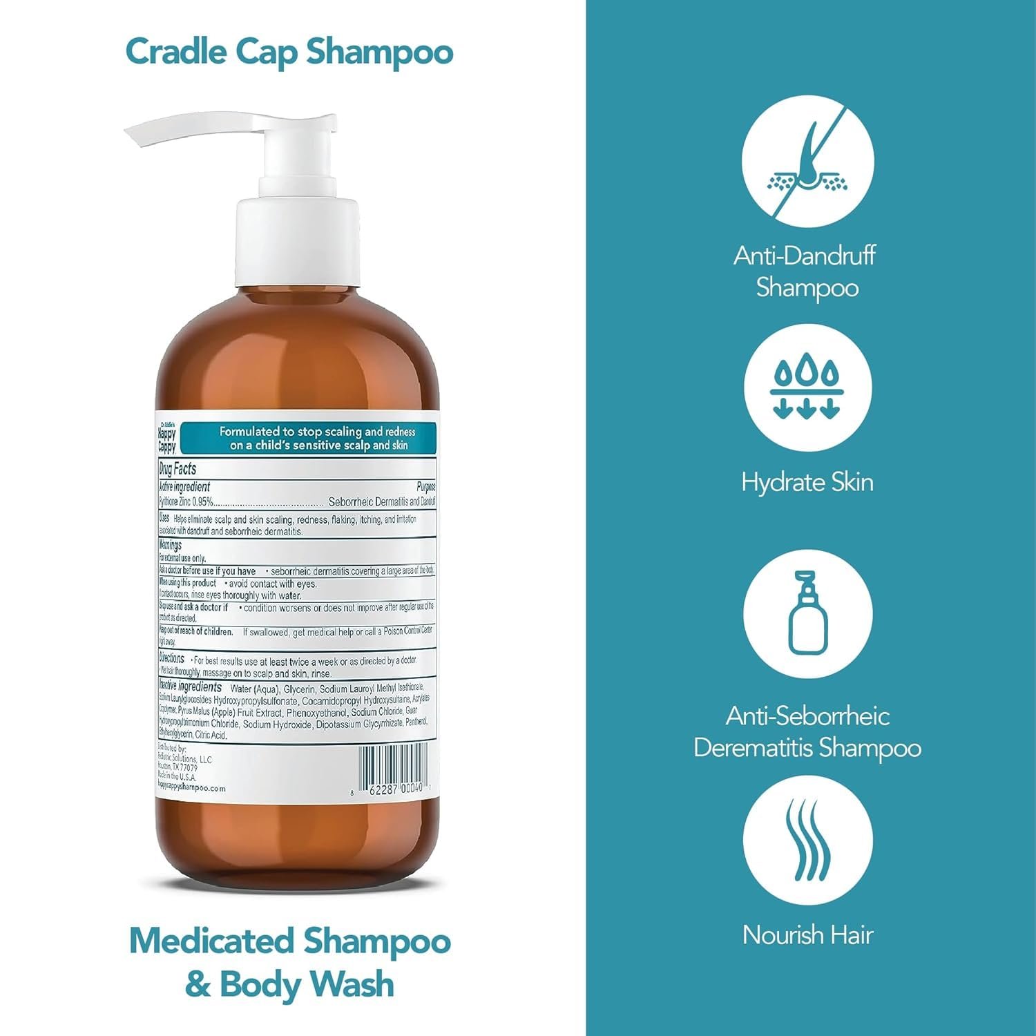 Happy Cappy Cradle Cap Medicated Shampoo and Body Wash with Comb - Baby Dandruff Shampoo, Helps Infants with Seborrheic Dermatitis, Reduces Flakes, Dermatologist Tested, Fragrance Free - 8 fl oz - Image 3