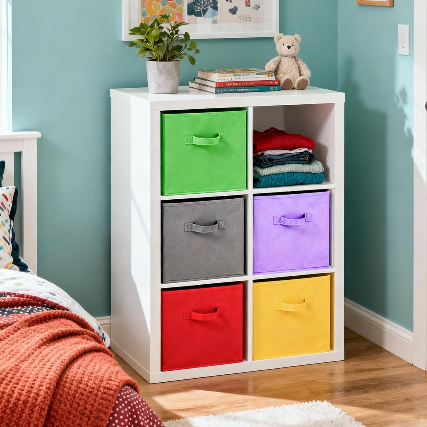 9 Pack Cube Storage Bins, 11 Inch Collapsible Fabric Storage Baskets, Multi Colored Storage Cubes with Handles, Foldable Cube Drawer for Home, Closet, Shelves, Toys Organization - Image 7