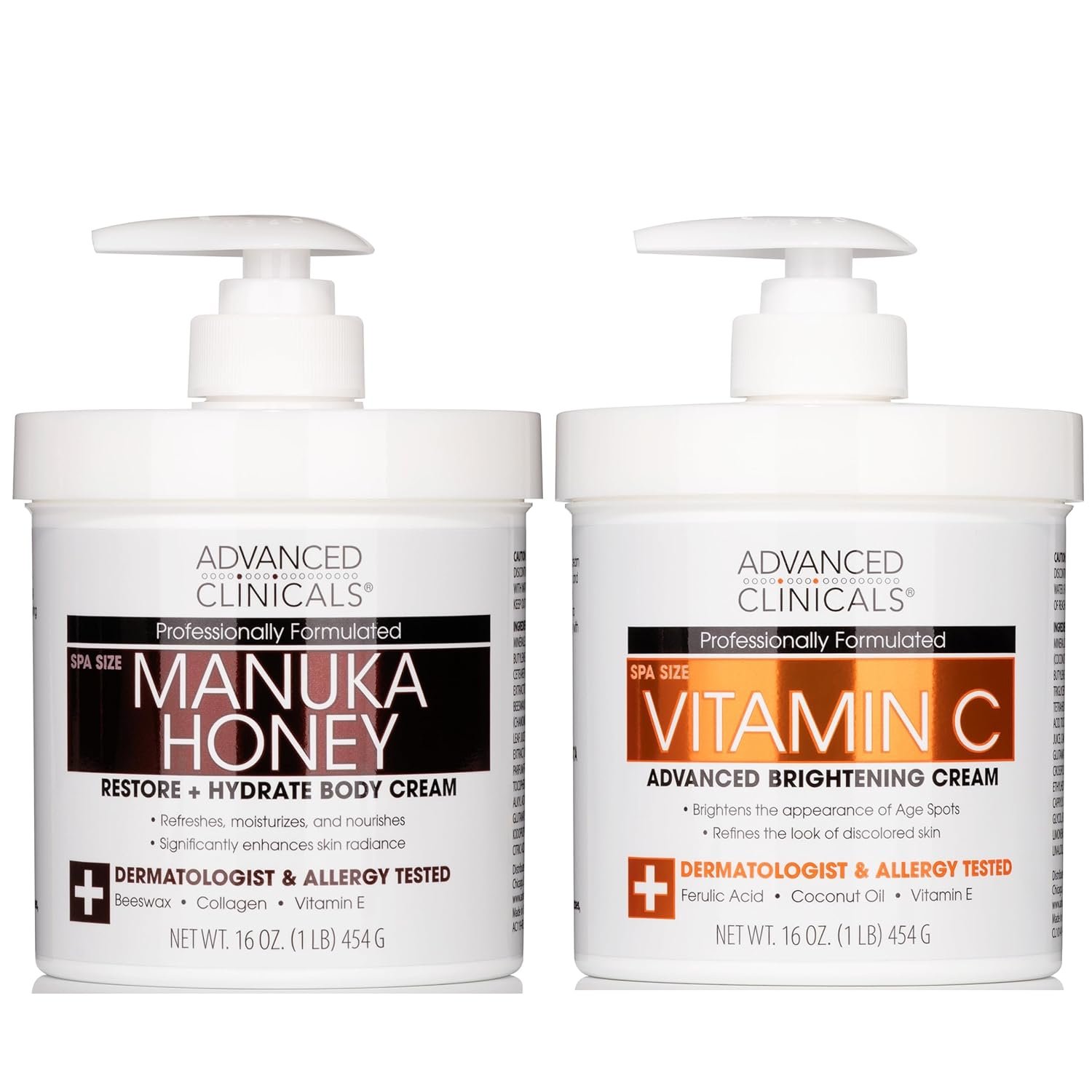 Advanced Clinicals Vitamin C Brightening Cream + Manuka Honey Body Lotion & Face Moisturizer 2pc Skincare Set For Women & Men | Body Butter Creams Help Reduce Appearance Of Dark Spots & Dry Skin, 2pc - Image 2