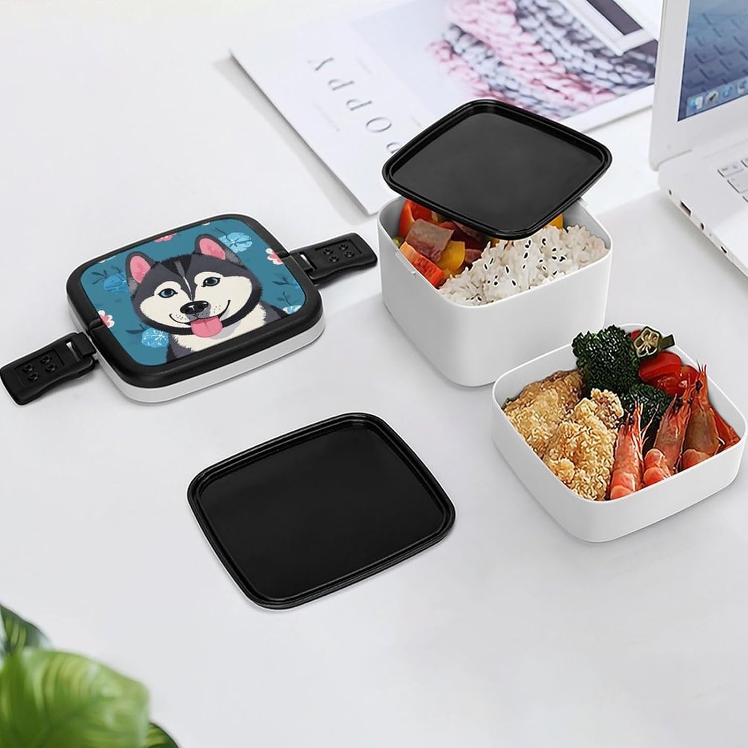 Husky Dog Pattern Bento Box with Spoon, 2-layer Stackable Lunch Box Leak Proof with Invisible Handle, Insulated Food Storage for Office, Picnic & Travel - Image 8