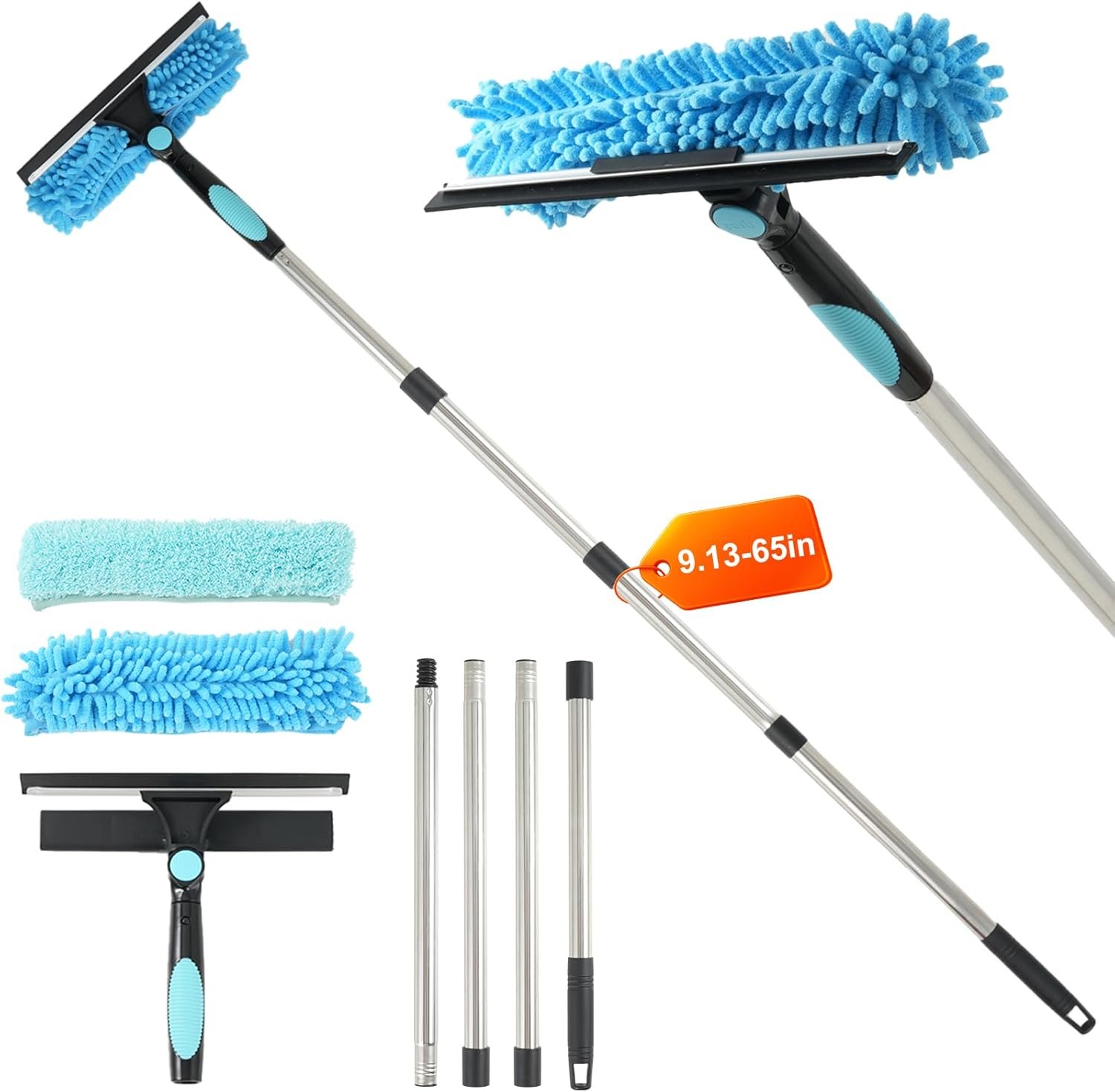 65'' Window Washing Kit with Extension Pole, 2-in-1 Window Cleaning Kit with Scrubber and Rotating Head, Window Cleaner Tool for Shower Rooms, Glass, Floors, Tiles, Walls, Car Windshields - Image 2