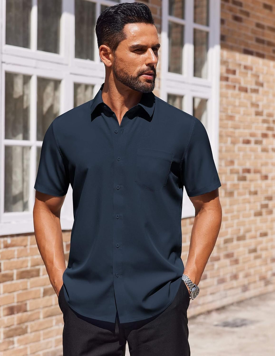 COOFANDY Mens Short Sleeve Dress Shirts Casual Stylish Untucked Summer Shirt with Pocket Navy Blue - Image 4