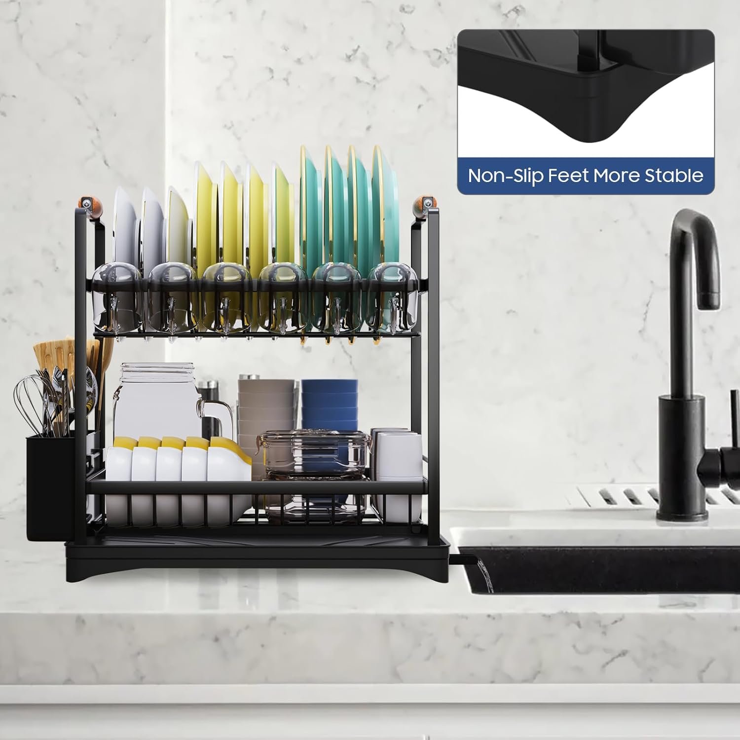 2-Tier Large Dish Drying Rack for Kitchen Counter with Drainboard and Cutlery Holder, 2 Tier Dish Drying Rack, Black,16.54" D x 11.81" W x 17.71" H - Image 7